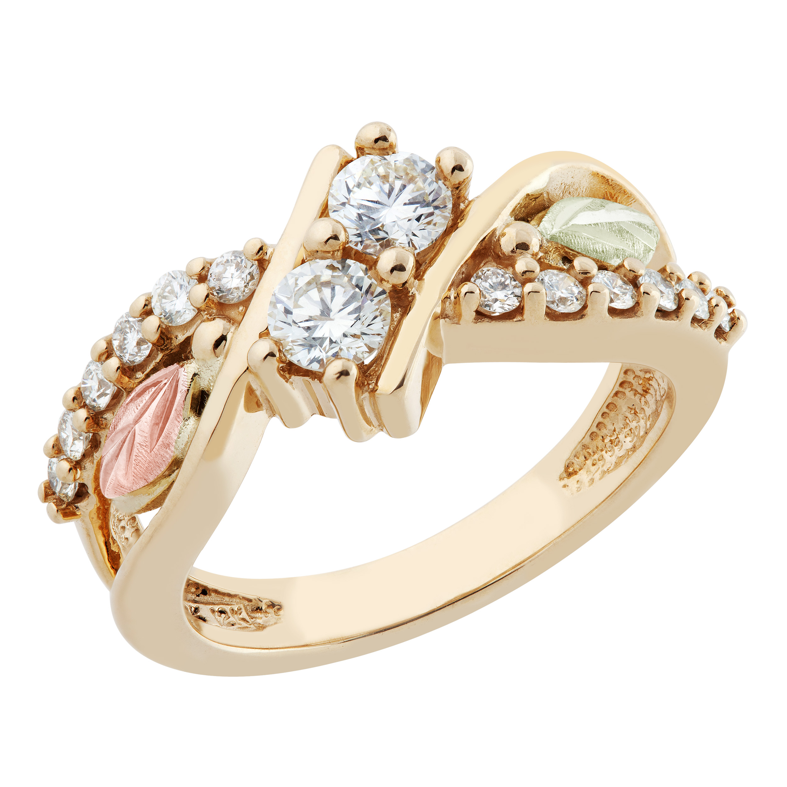 Diamond Bypass Ring, 10k Yellow Gold, 12k Green and Rose Gold Black Hills Gold Motif (1 Ctw,    Color,    Clarity)