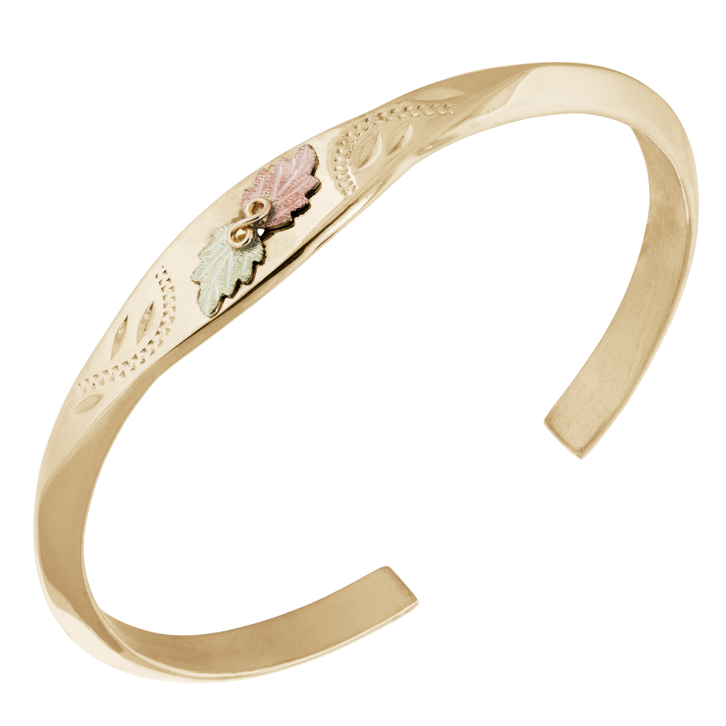 Bangle Cuff Bracelet, 10k Yellow Gold, 12k Green and Rose Gold Black Hills Gold Motif 