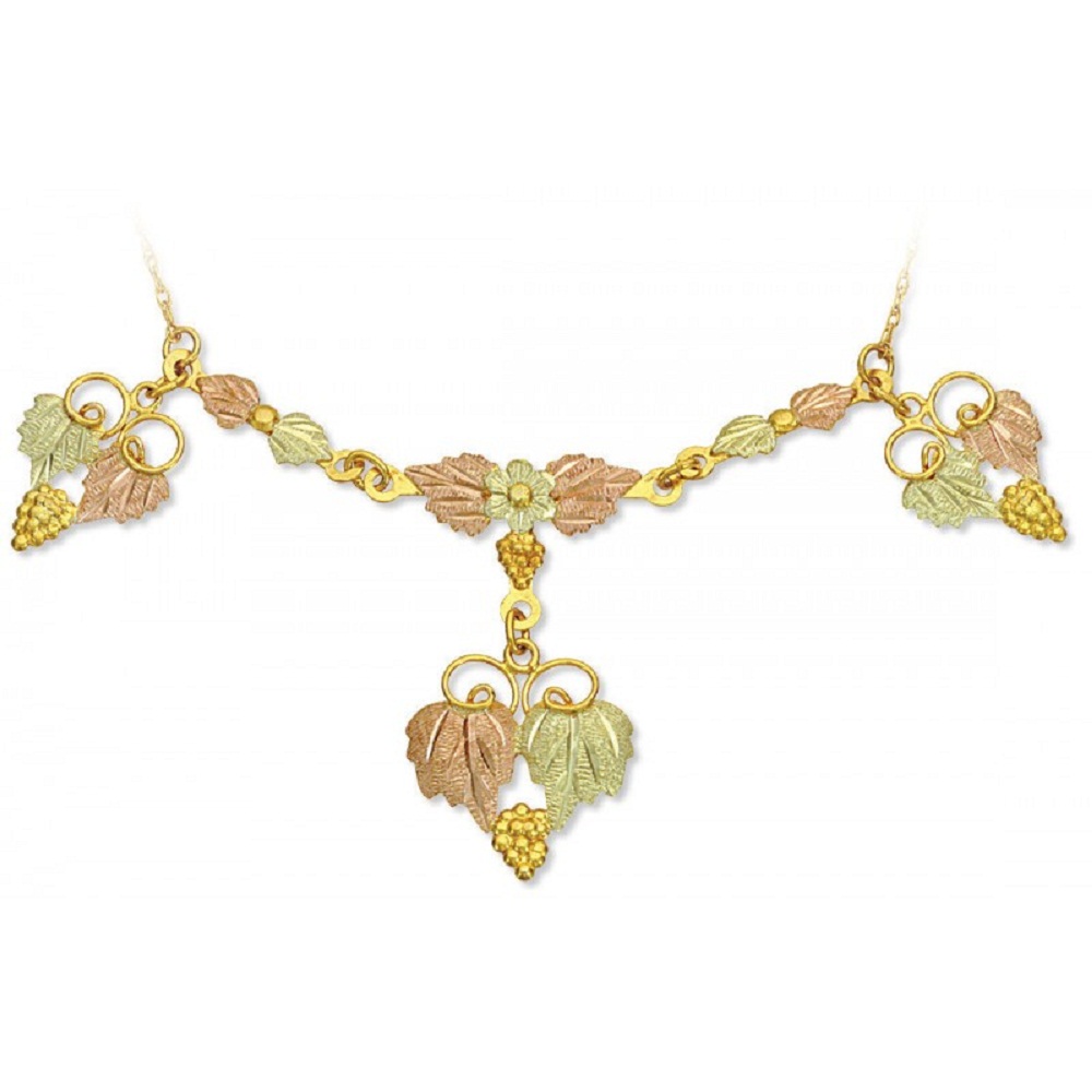 Grape Leaves Festoon Pendant Necklace, 10k Yellow Gold, 12k Green and Rose Gold Black Hills Gold Motif Pendant Necklace 