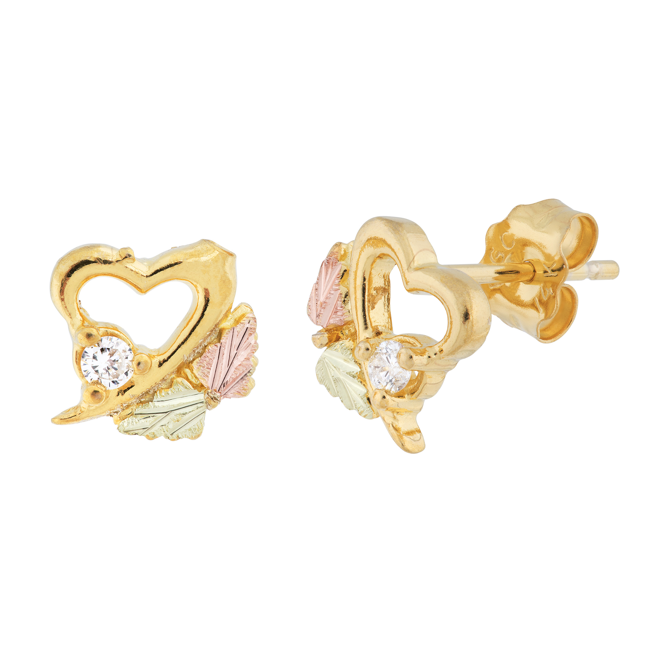 Diamond Heart Earrings, 10k Yellow Gold, 12k Green and Rose Gold Black Hills Gold Motif
