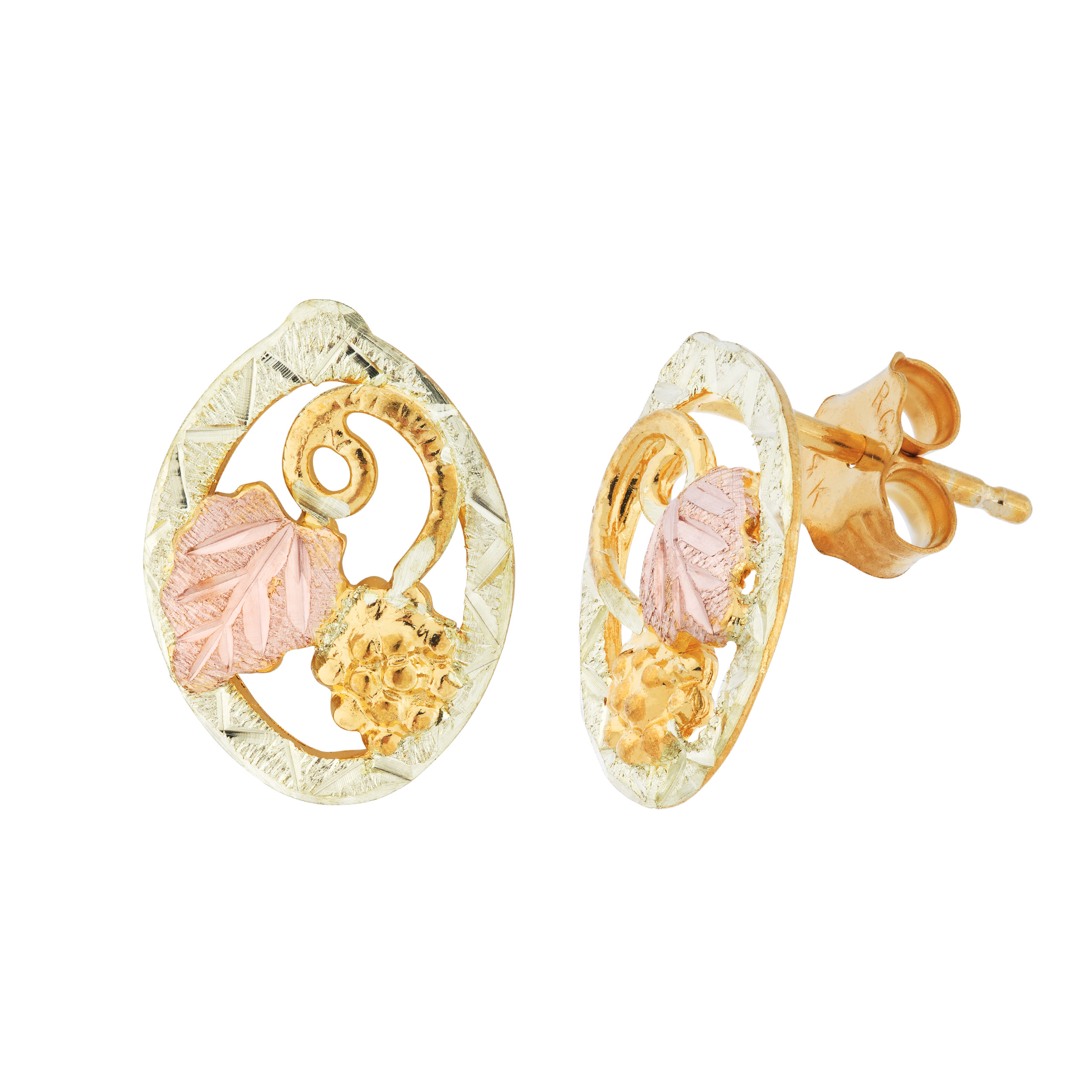 Diamond-Cut Oval Earrings, 10k Yellow Gold, 12k Green and Rose Gold Black Hills Gold Motif