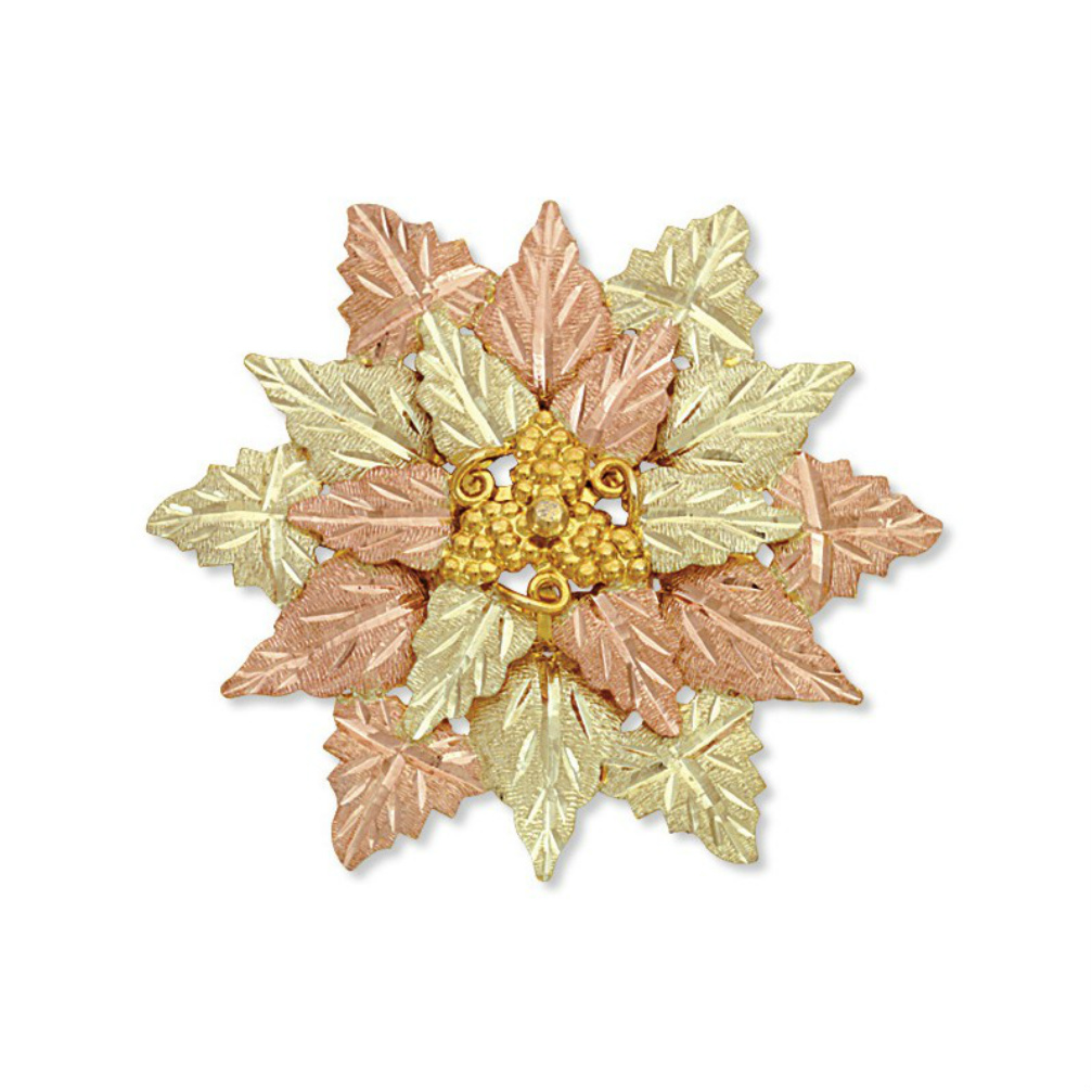 Gorgeous hand-engraved, hand-placed 12k rose gold and 12k green gold grape leaves finished with a rosette of 12k yellow gold on-center of the brooch-pendant. 