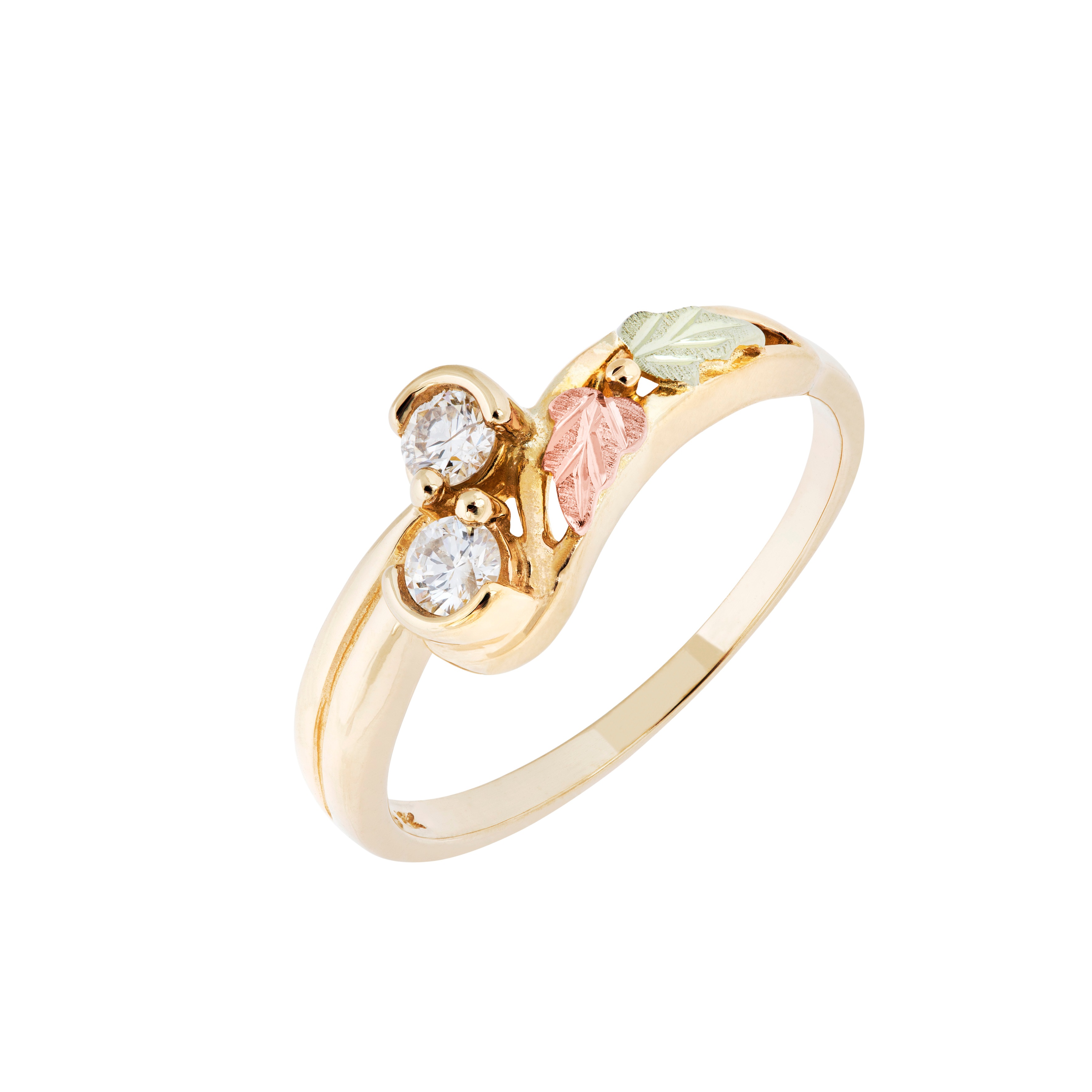 Diamond with Leaf Bypass Ring, 10k Yellow Gold, 12k Green and Rose Gold Black Hills Gold Motif (.2 Ctw,    Color,    Clarity)