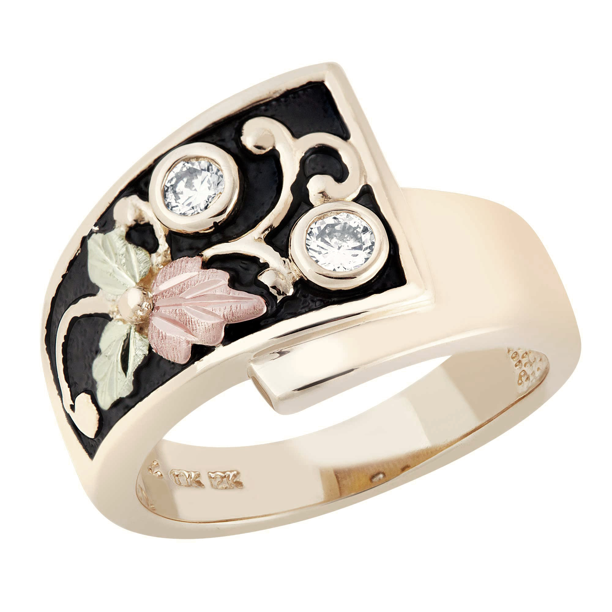 10k Yellow Gold Rose Ring with Diamond and Black Hills Gold motif. 