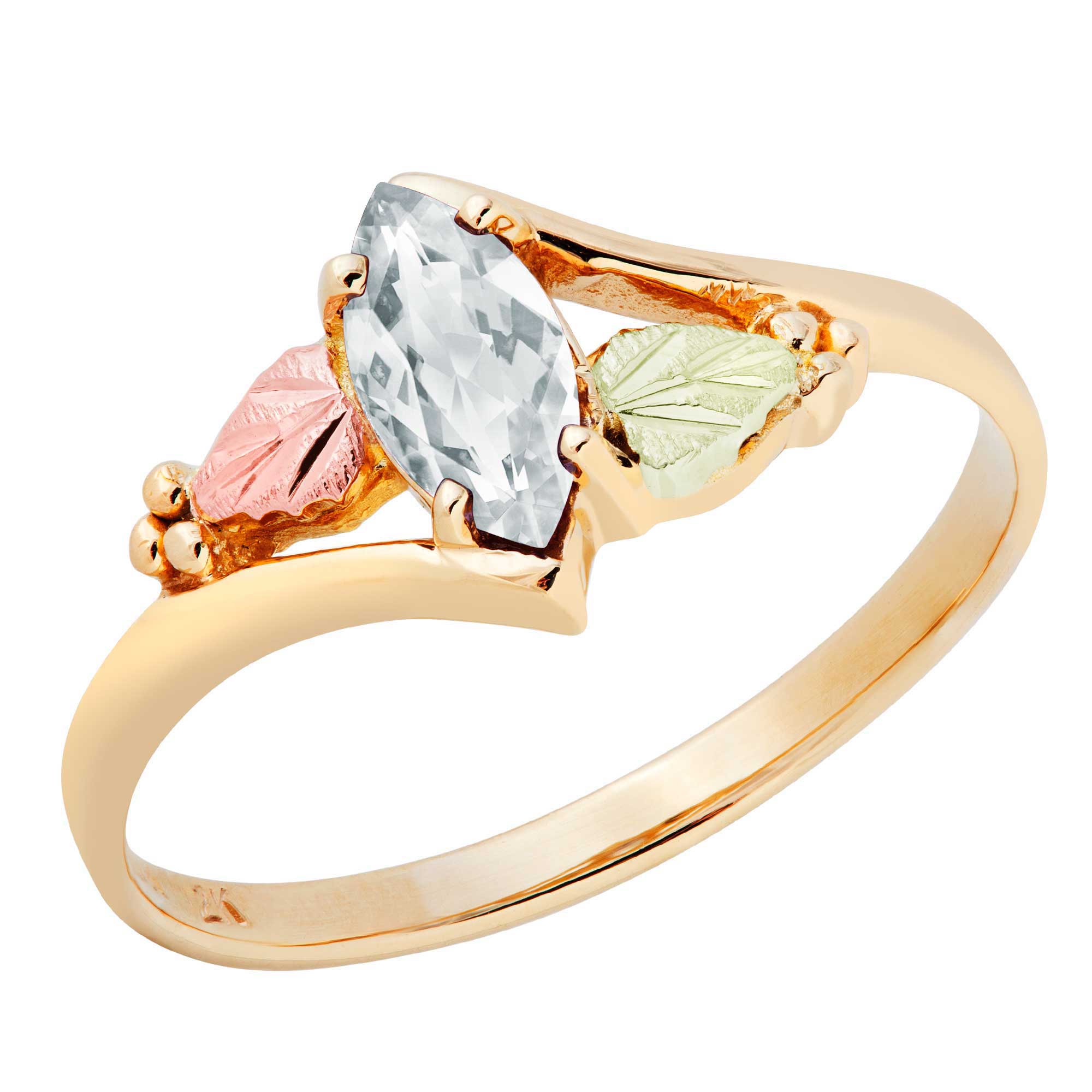 Created White Spinel Marquise April Birthstone Bypass Ring, Black Hills Gold motif. 