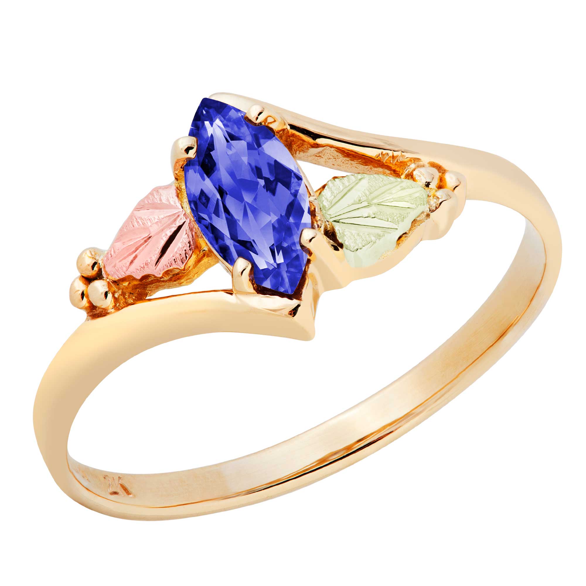 Created Blue Spinel Marquise September Birthstone Bypass Ring, Black Hills Gold motif. 