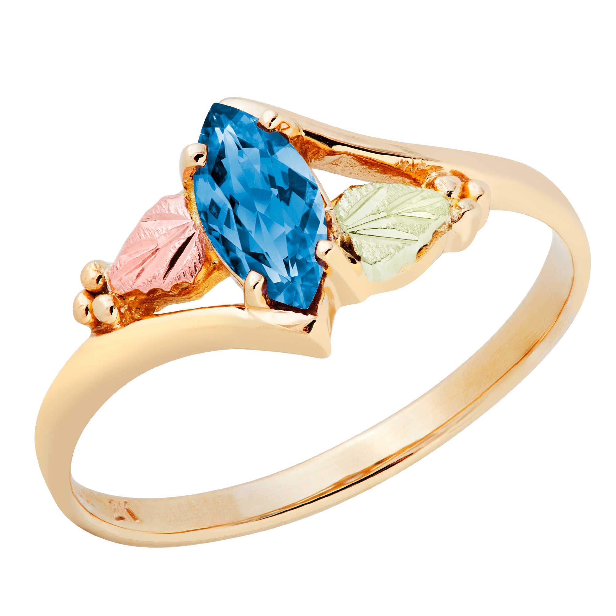 Created Blue Zircon Marquise December Birthstone Bypass Ring, Black Hills Gold motif. 