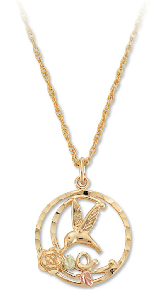 Black Hills Gold Necklace with double circle and Hummingbird motif Pendent. 