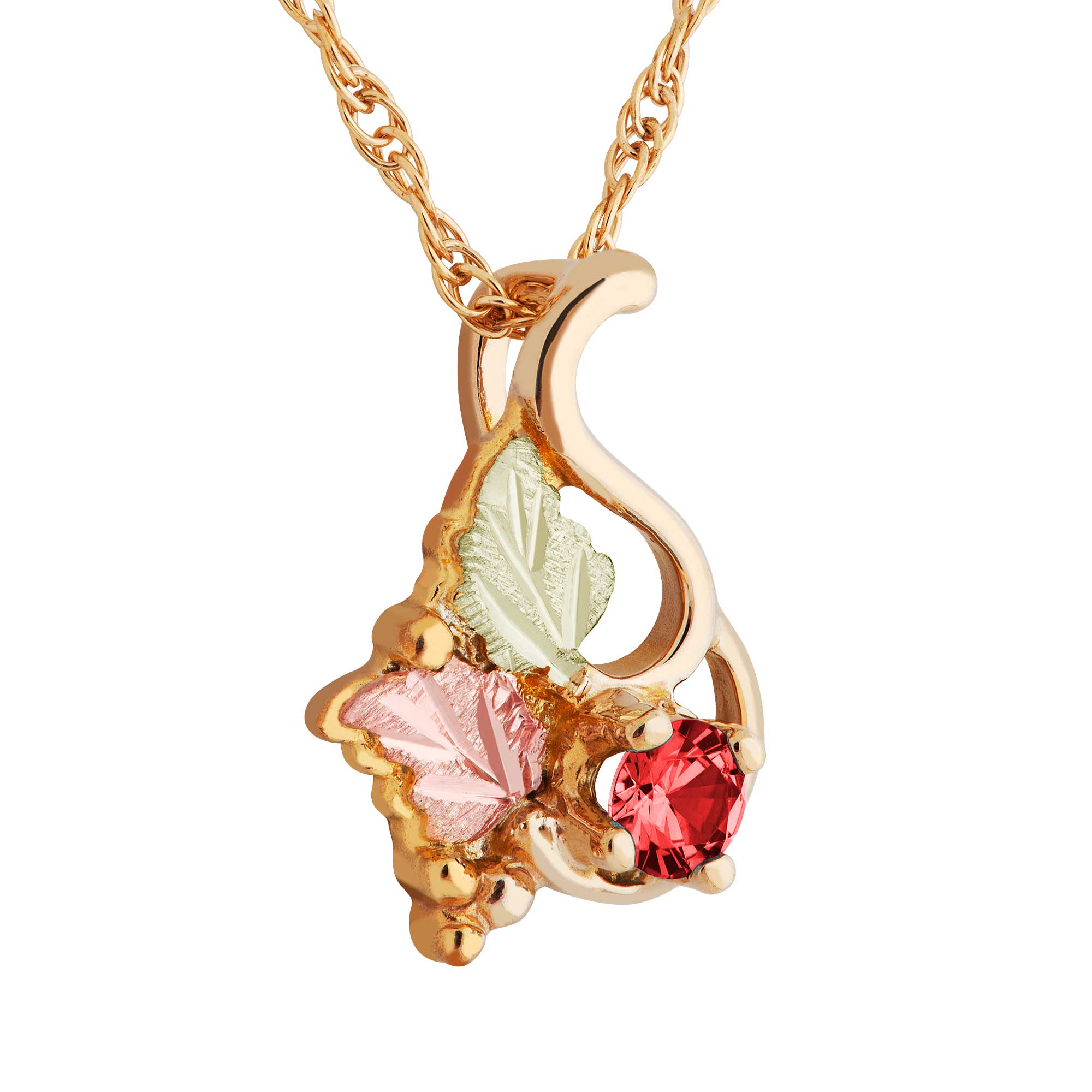 Ruby Gemstone Pendant Necklace, 12k Green and Rose Gold Black Hills Gold Motif. 