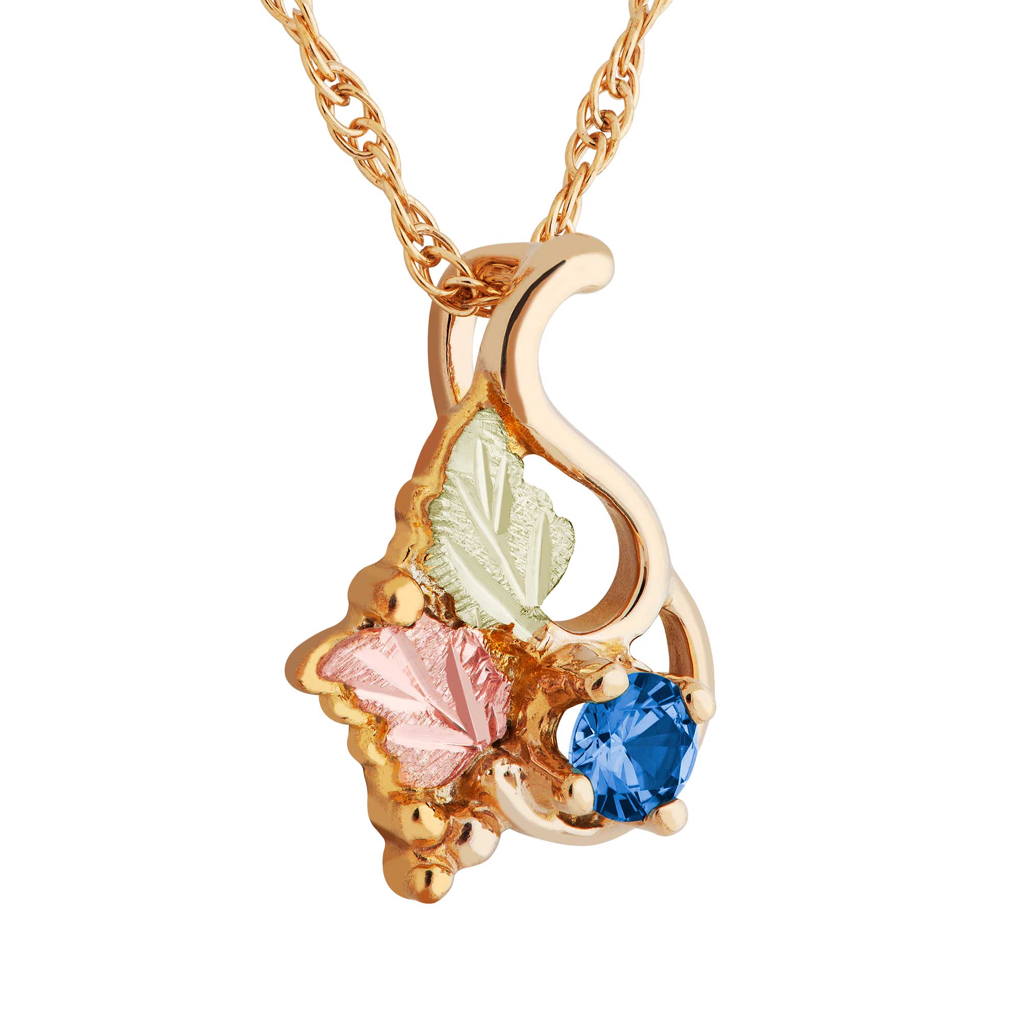 Blue Sapphire Gemstone Pendant Necklace, 12k Green and Rose Gold Black Hills Gold Motif. 