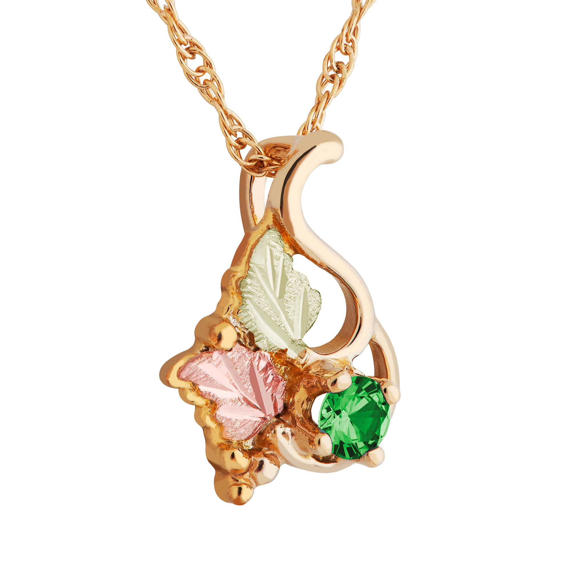 Emerald Gemstone Pendant Necklace, 12k Green and Rose Gold Black Hills Gold Motif. 
