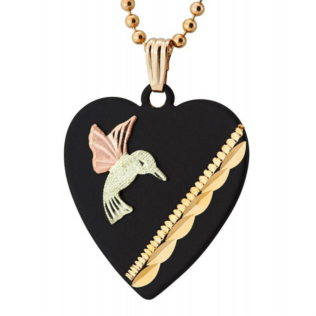 Black Hills Gold Necklace with black heart shaped Hummingbird motif pendent. 
