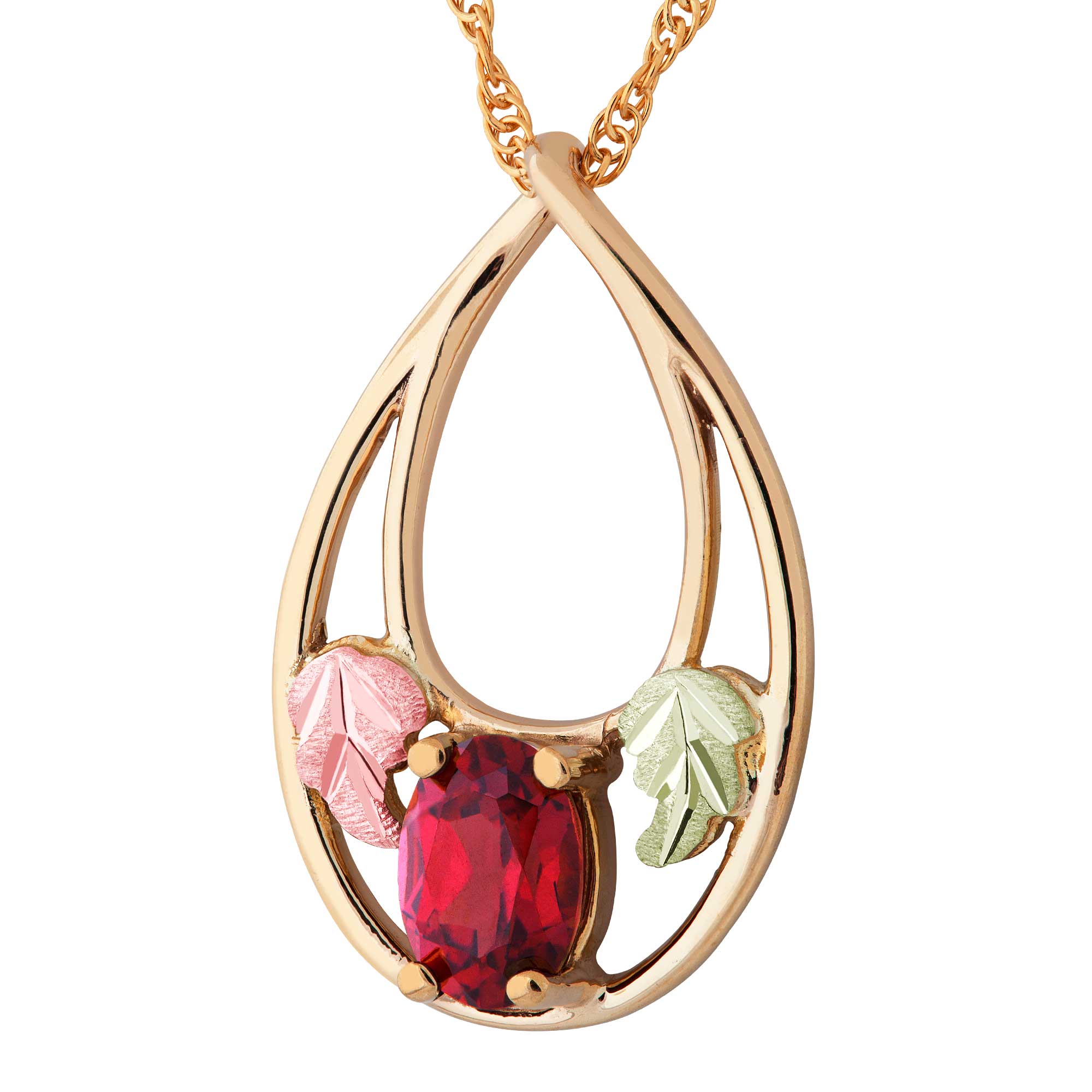 Ruby Gemstone Pendant Necklace, 12k Green and Rose Gold Black Hills Gold Motif. 