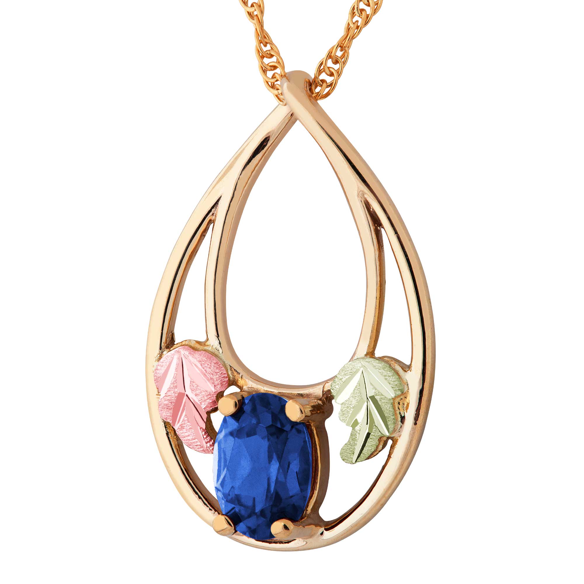 Blue Sapphire Gemstone Pendant Necklace, 12k Green and Rose Gold Black Hills Gold Motif. 