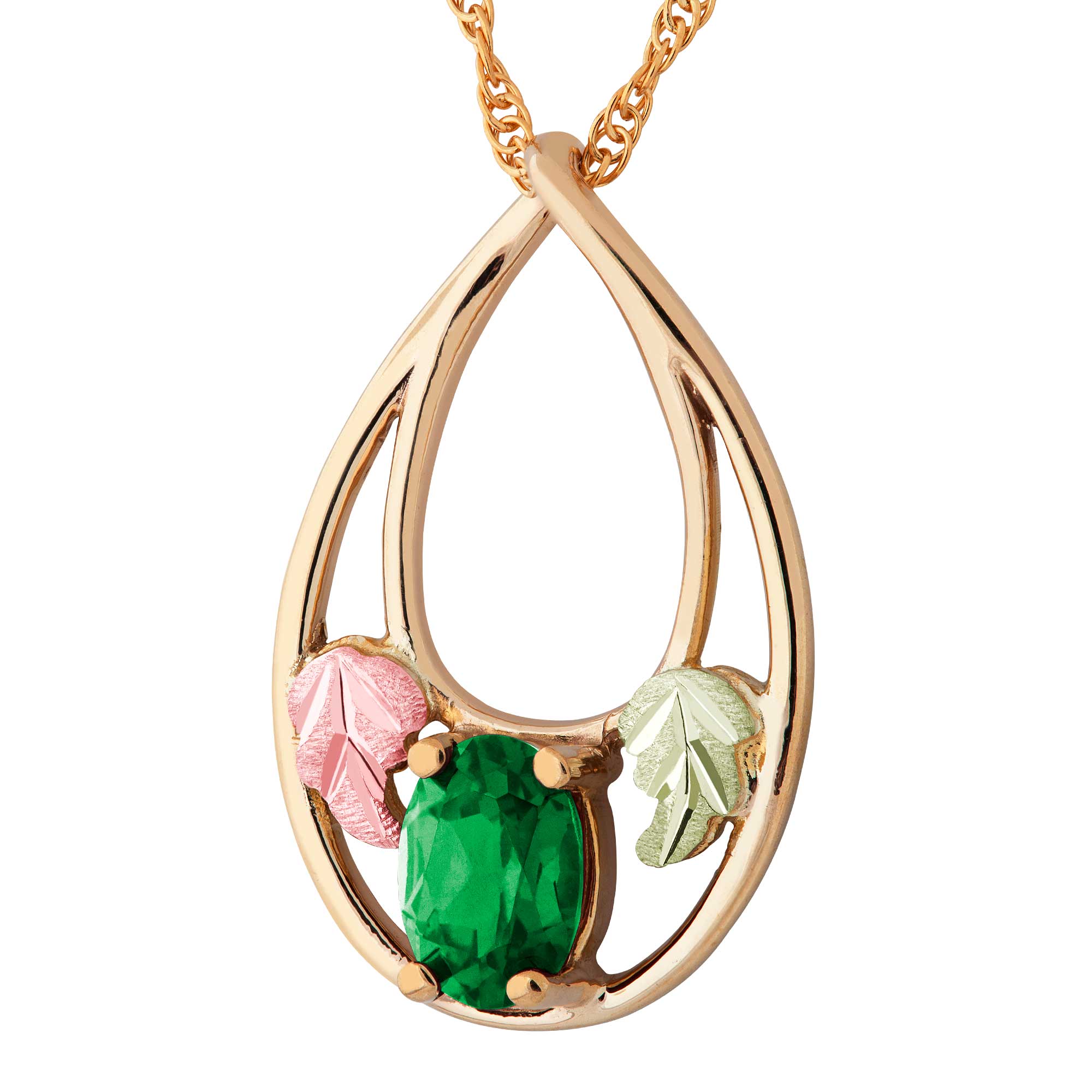 Emerald Gemstone Pendant Necklace, 12k Green and Rose Gold Black Hills Gold Motif. 