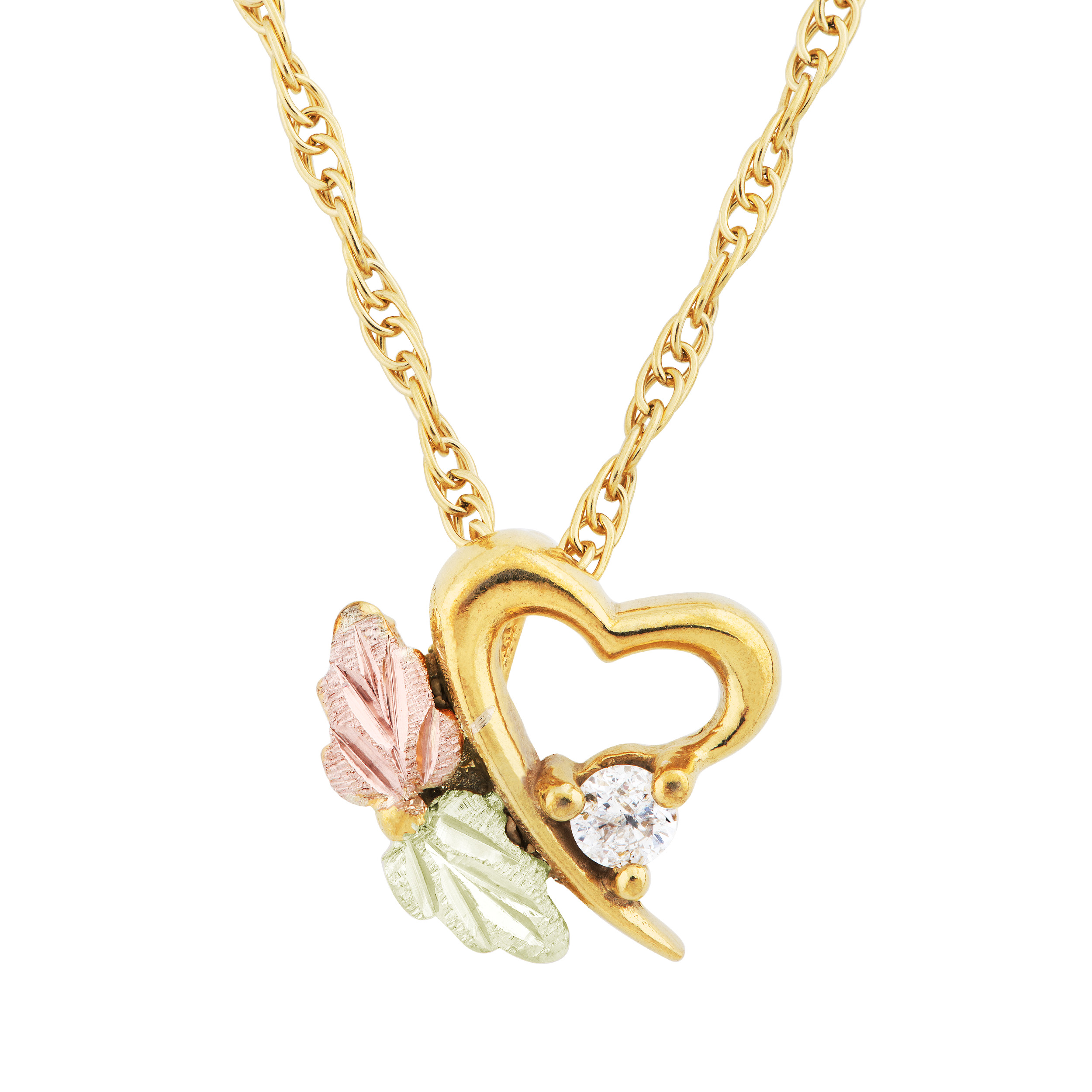 Diamond Heart Pendant Necklace, 10k Yellow Gold, 12k Green and Rose Gold Black Hills Gold Motif img title=