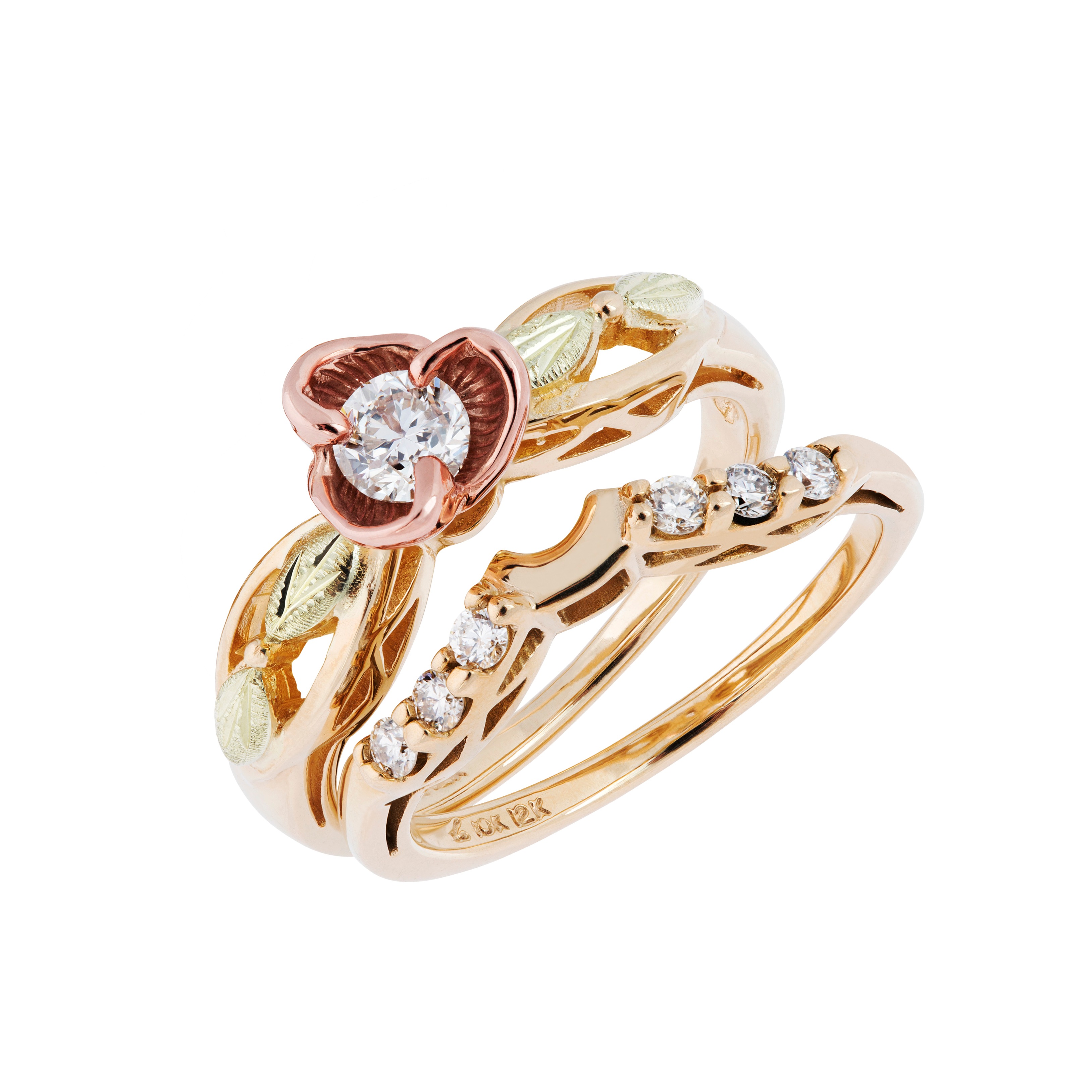 Diamond Bridal Set Ring, 10k Yellow Gold, 12k Green and Rose Gold Black Hills Gold Motif  (.5 Ctw,    Color,    Clarity)