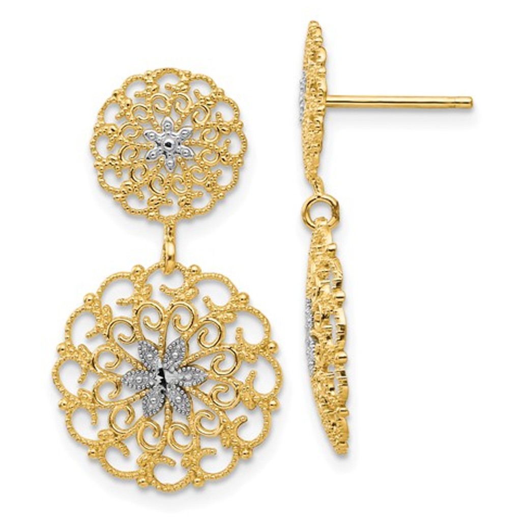 14K and Rhodium Diamond-cut Filigree Medallion Drop Post Earrings