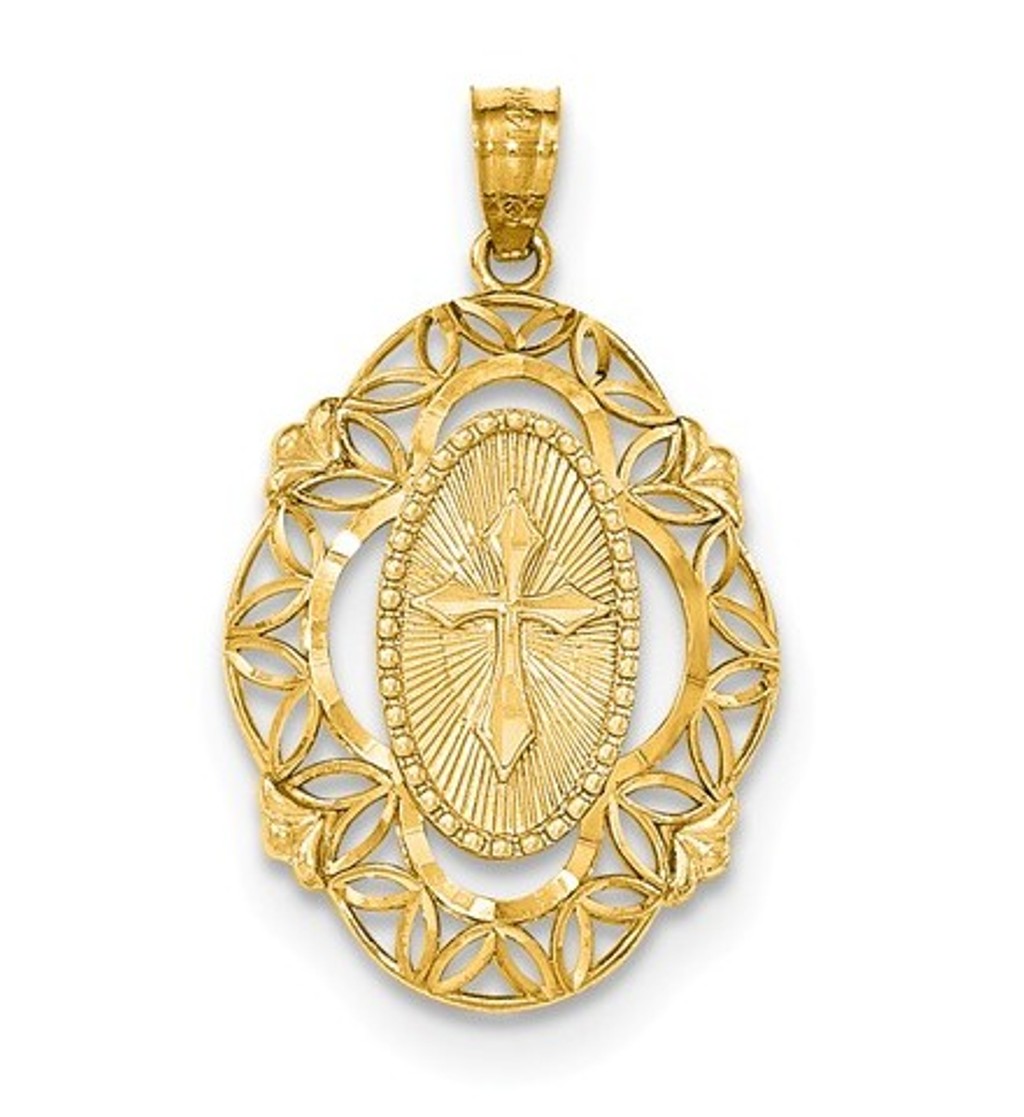 14k with Rhodium Polished Cross Medal Pendant