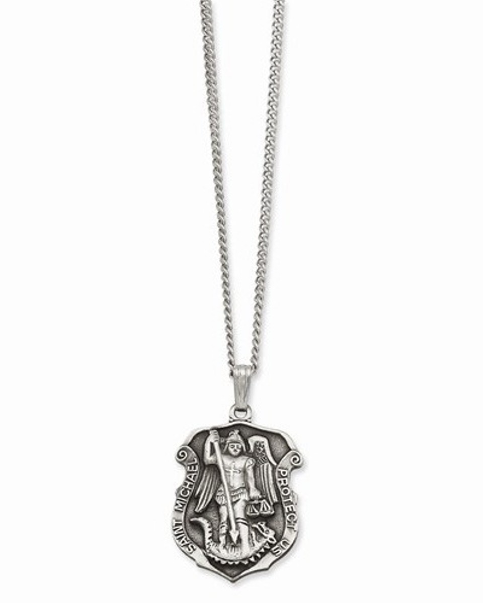 Rhodium-Plated St. Michael Medal Necklace ,24