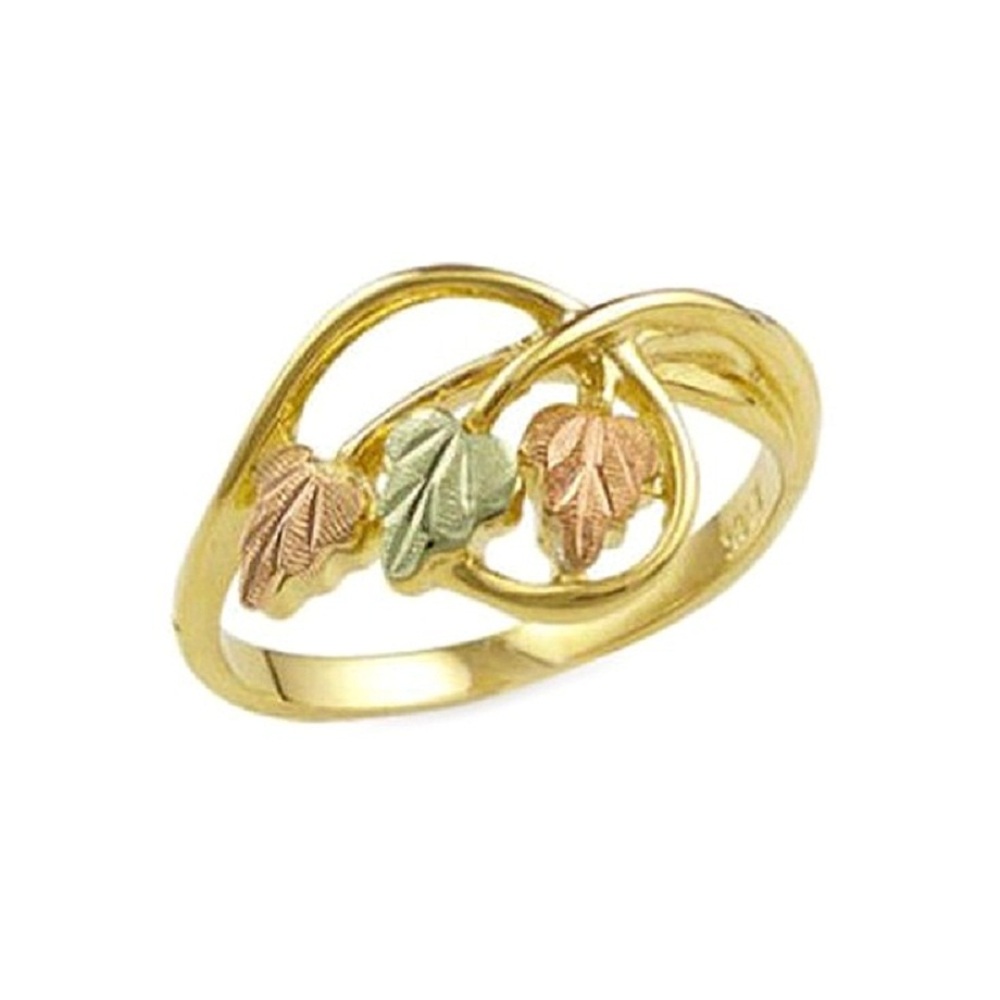 10k Yellow Gold Swirl Ring with Three Leaves ring and Black Hills Gold motif.