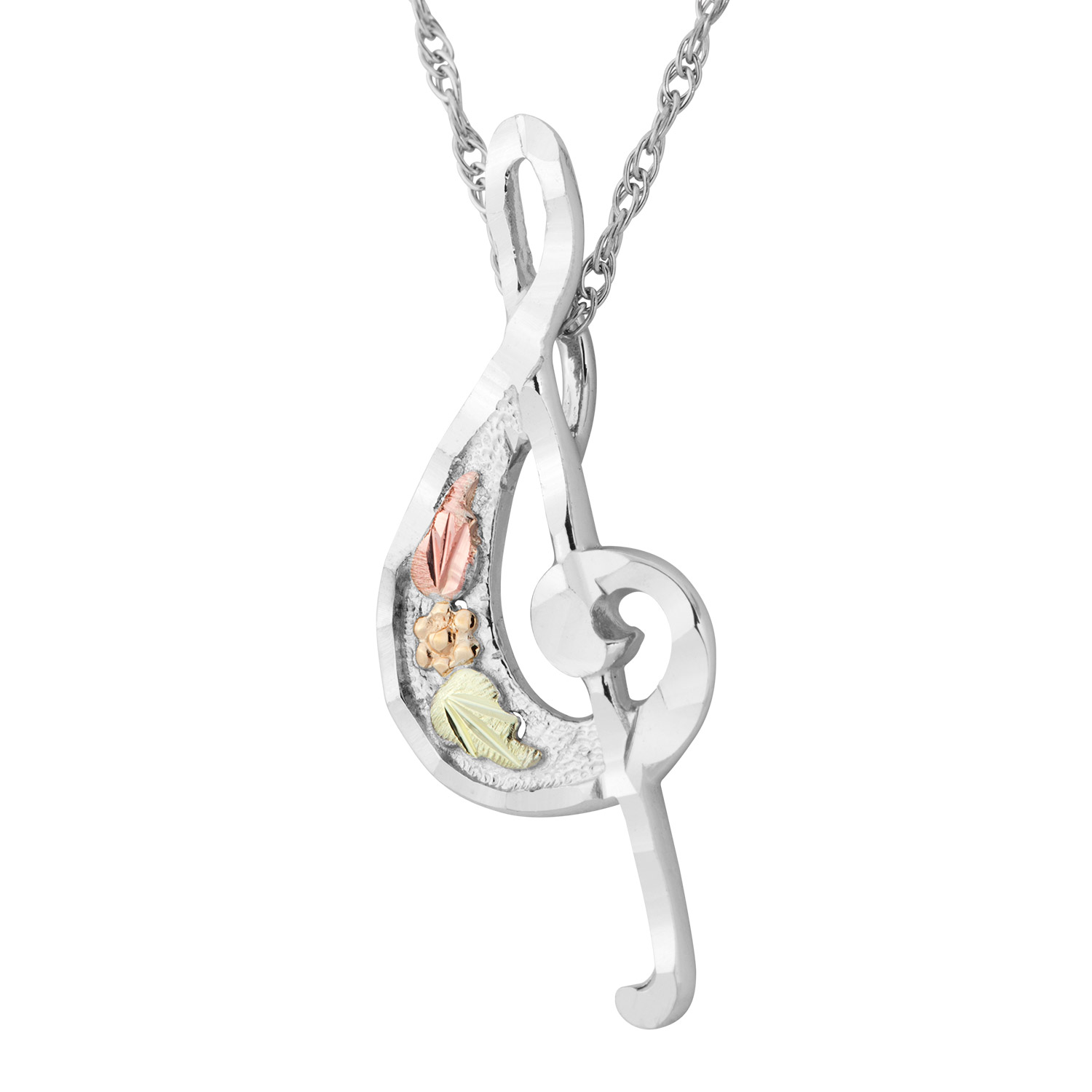 Diamond-Cut Treble Clef Pendant Necklace, Sterling Silver, 12k Green and Rose Gold Black Hills Gold Motif