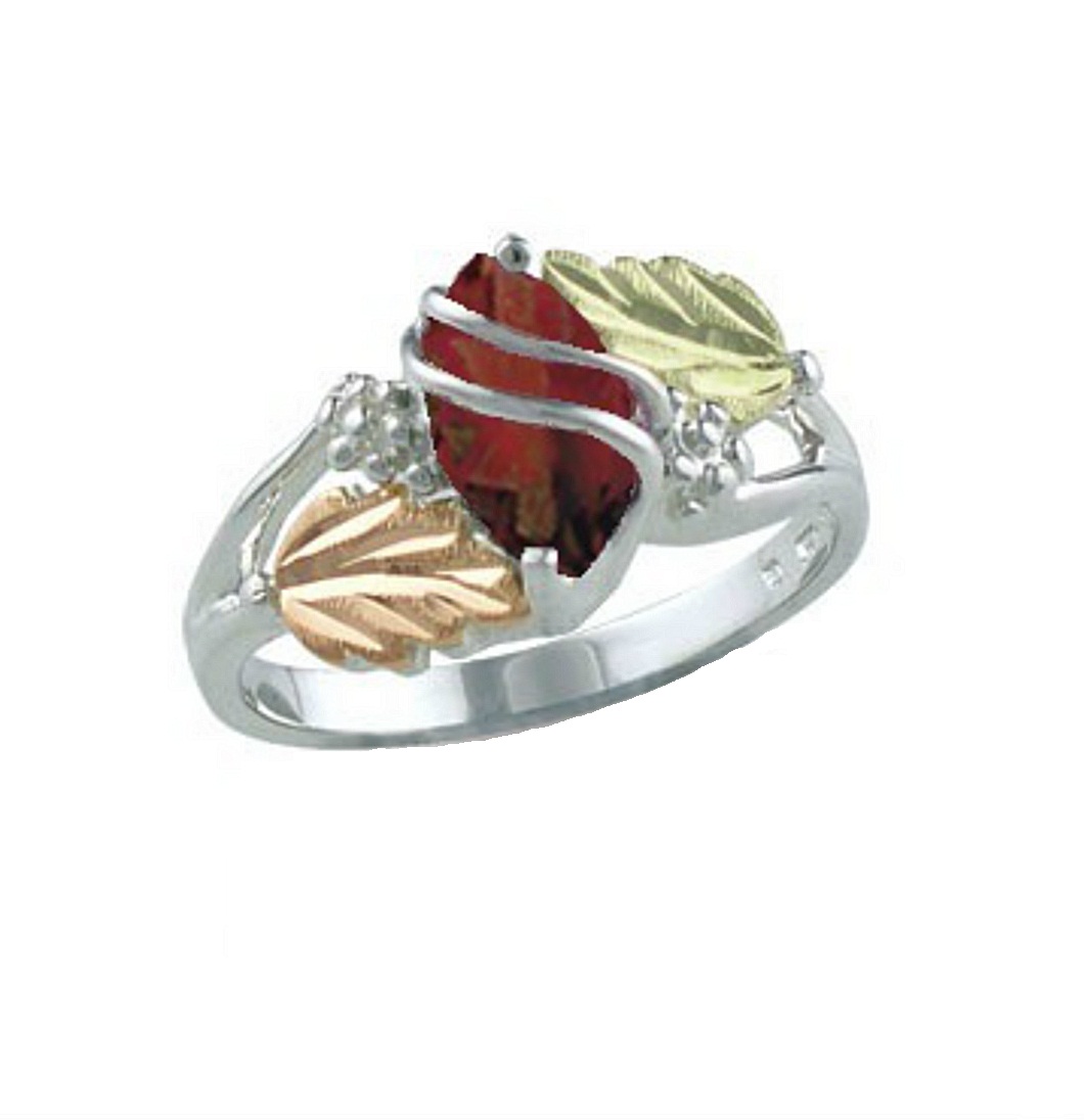Created Birthstone Ring, Rhodium Plated Sterling Silver, 12k Green and Rose Gold Black Hills Silver Motif. 