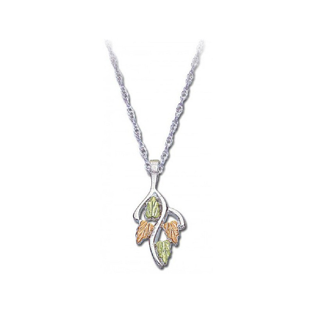 Ladies Pendant Necklace, Rhodium Plate Rhodium Plate Sterling Silver, 12k Rose and Green Gold Black Hill Gold Motif. 