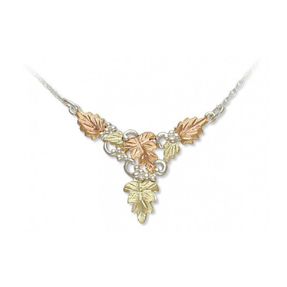 Leaves Festoon Pendant Necklace, Rhodium Plate Rhodium Plate Sterling Silver, 12k Rose and Green Gold Black Hill Gold Motif. 