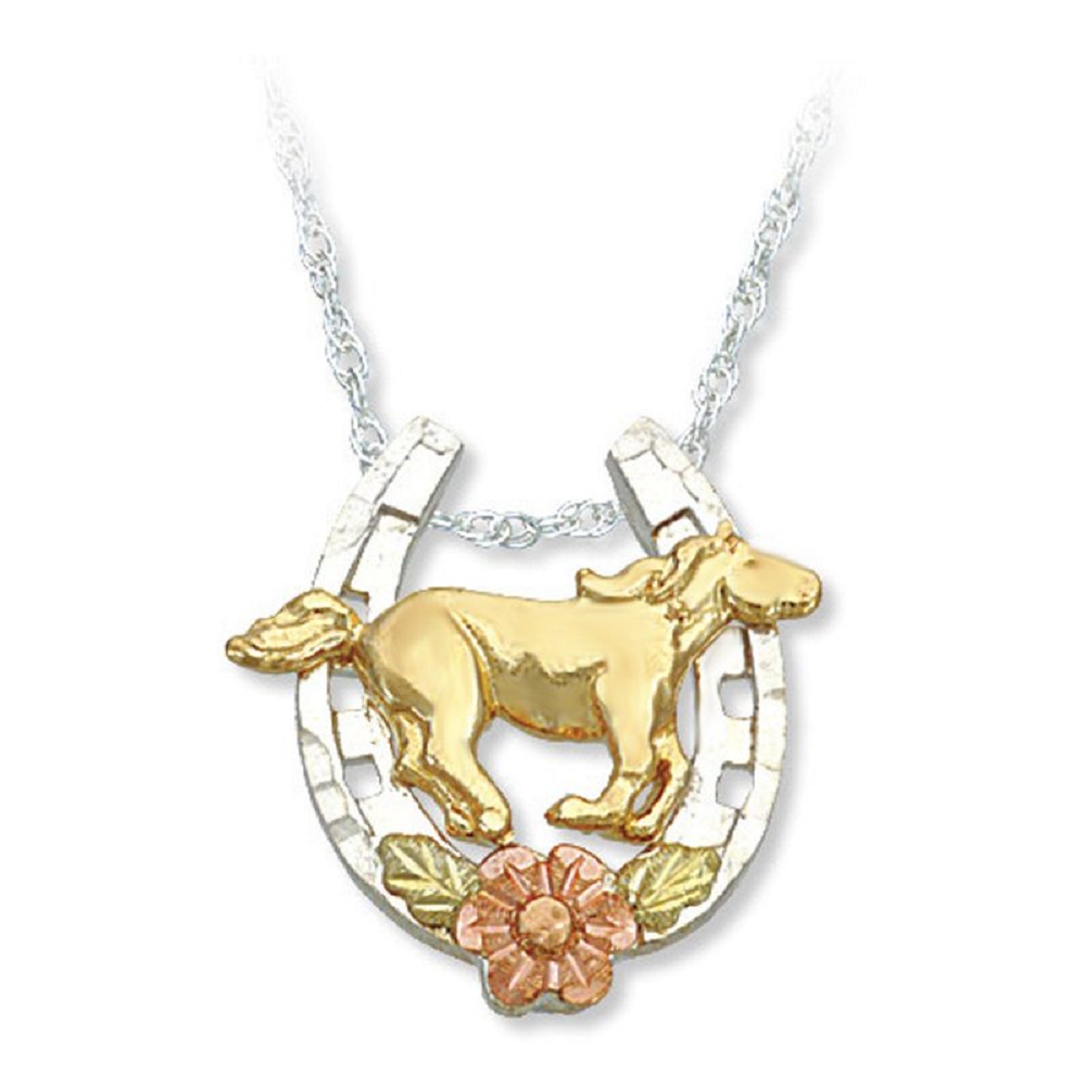 Horse Shoe with Horse Pendant Necklace, Rhodium Plate Rhodium Plate Sterling Silver, 12k Rose and Green Gold Black Hill Gold Motif. 
