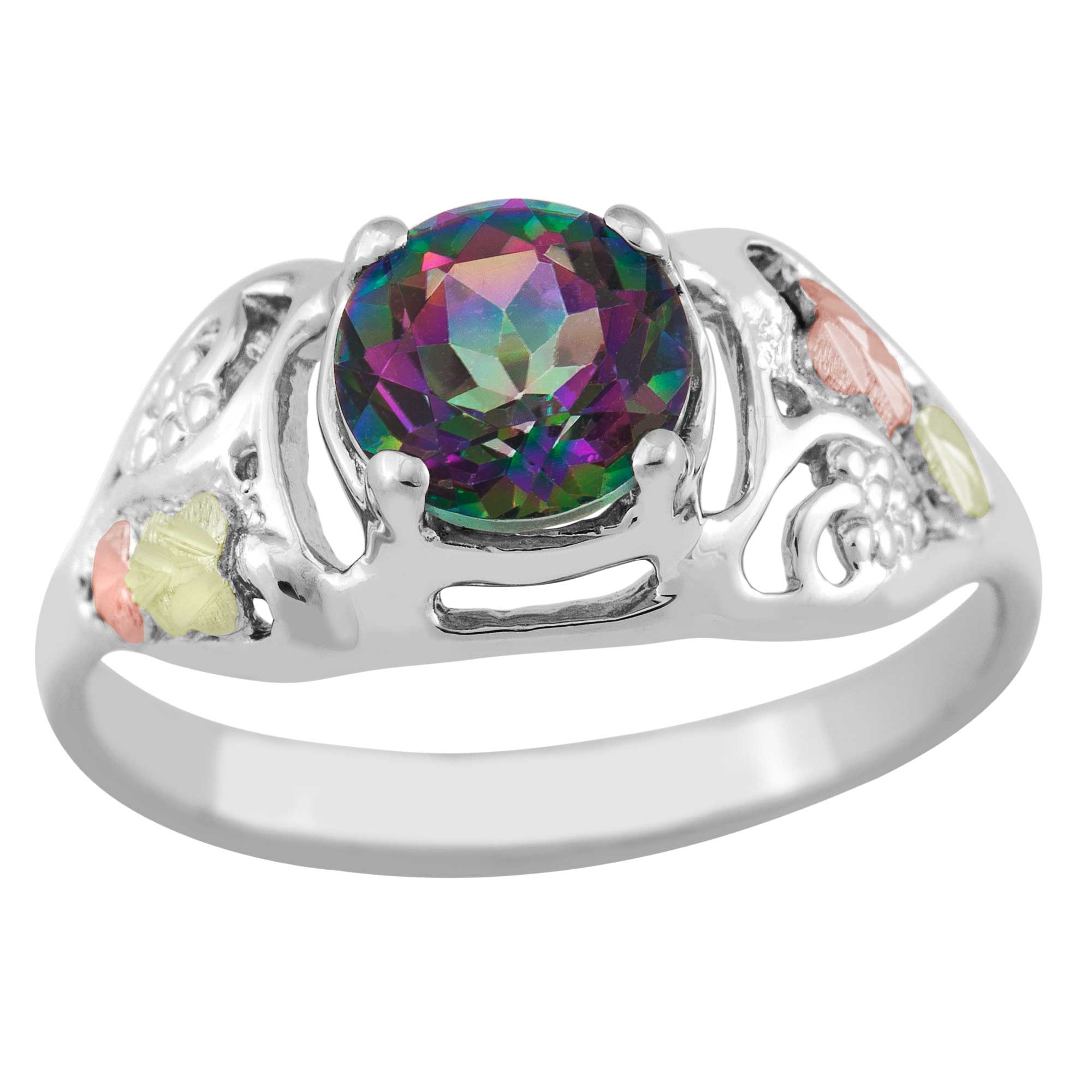 Created Birthstone Ring, Rhodium Plated Sterling Silver, 12k Green and Rose Gold Black Hills Silver Motif. 