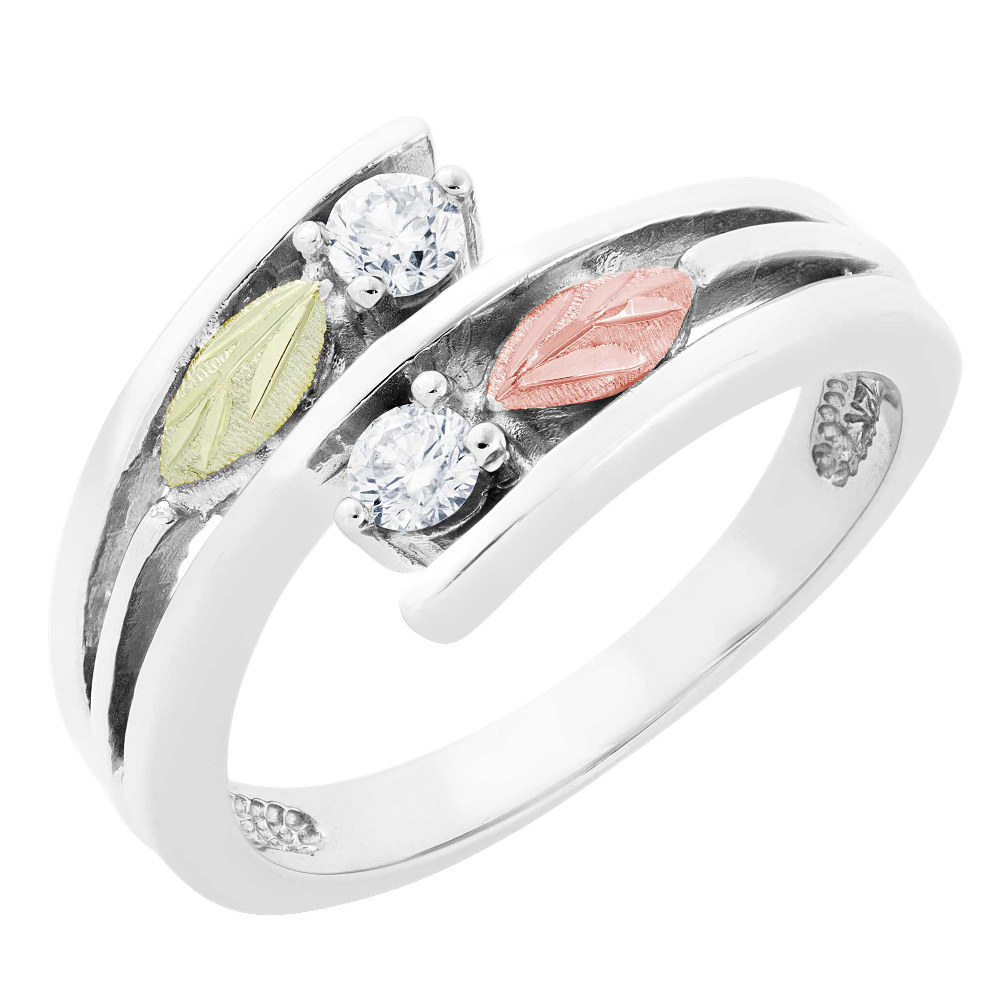 Sterling Silver Ring with CZ diamonds and Black Hills Gold motif. 