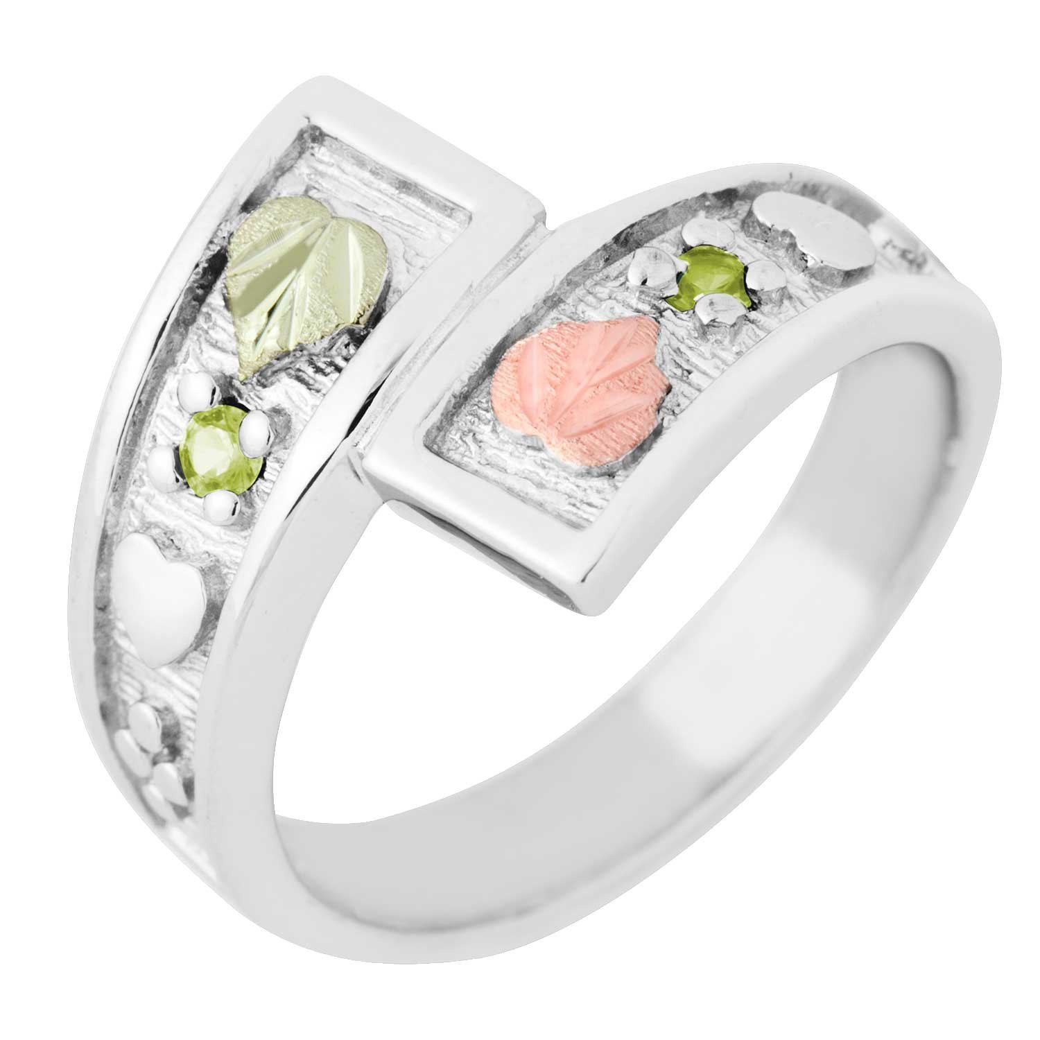 Created Birthstone Ring, Rhodium Plated Sterling Silver, 12k Green and Rose Gold Black Hills Silver Motif.  