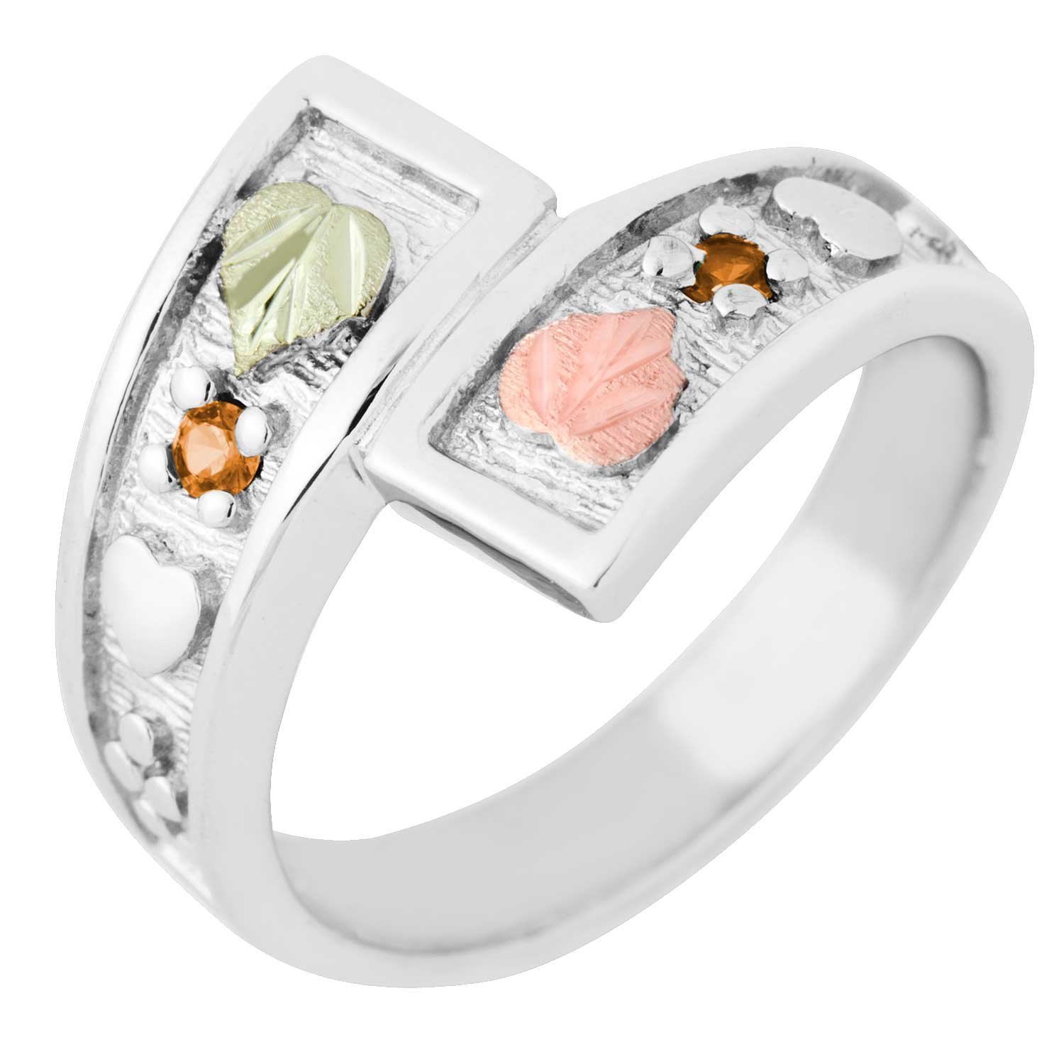 Created Birthstone Ring, Rhodium Plated Sterling Silver, 12k Green and Rose Gold Black Hills Silver Motif.  