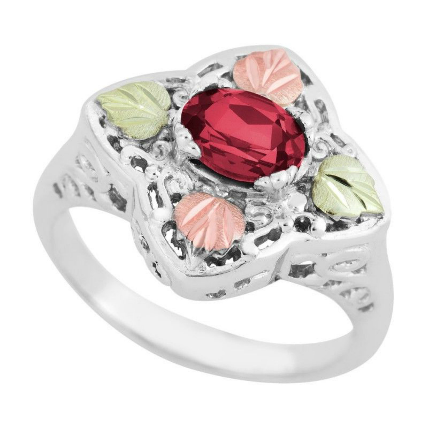 Created Birthstone Ring, Rhodium Plated Sterling Silver, 12k Green and Rose Gold Black Hills Silver Motif.  