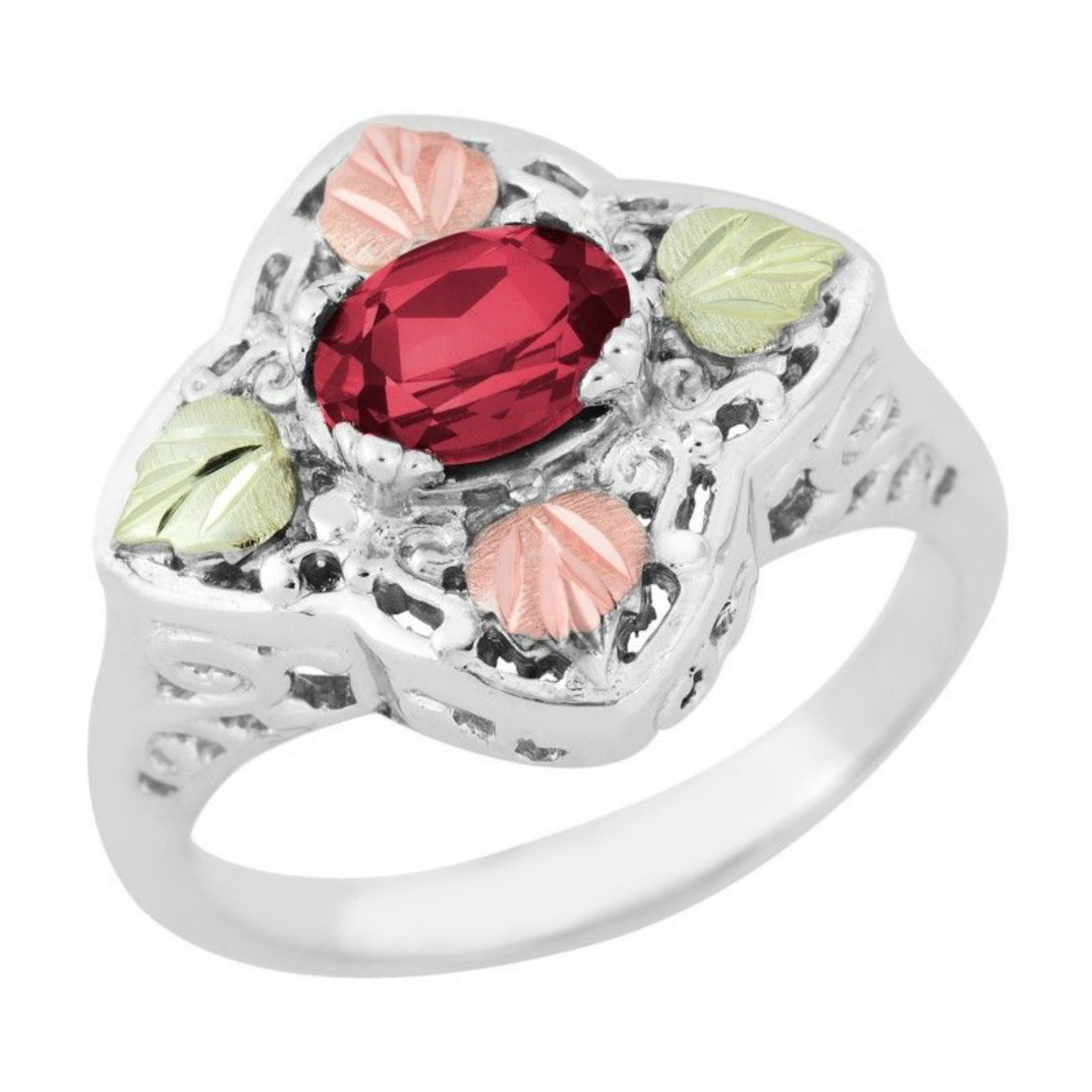 Created Birthstone Ring, Rhodium Plated Sterling Silver, 12k Green and Rose Gold Black Hills Silver Motif.  