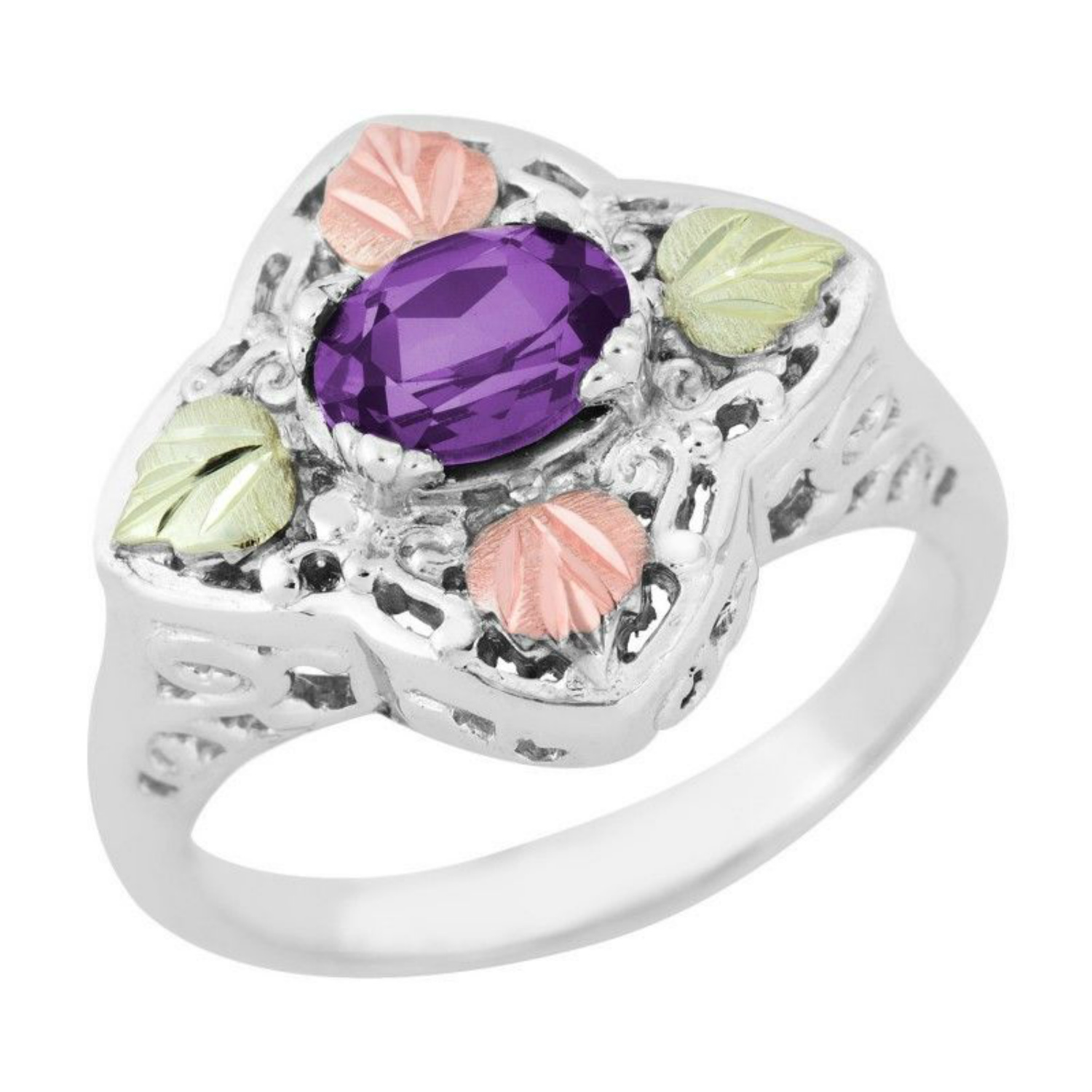 Created Birthstone Ring, Rhodium Plated Sterling Silver, 12k Green and Rose Gold Black Hills Silver Motif.  