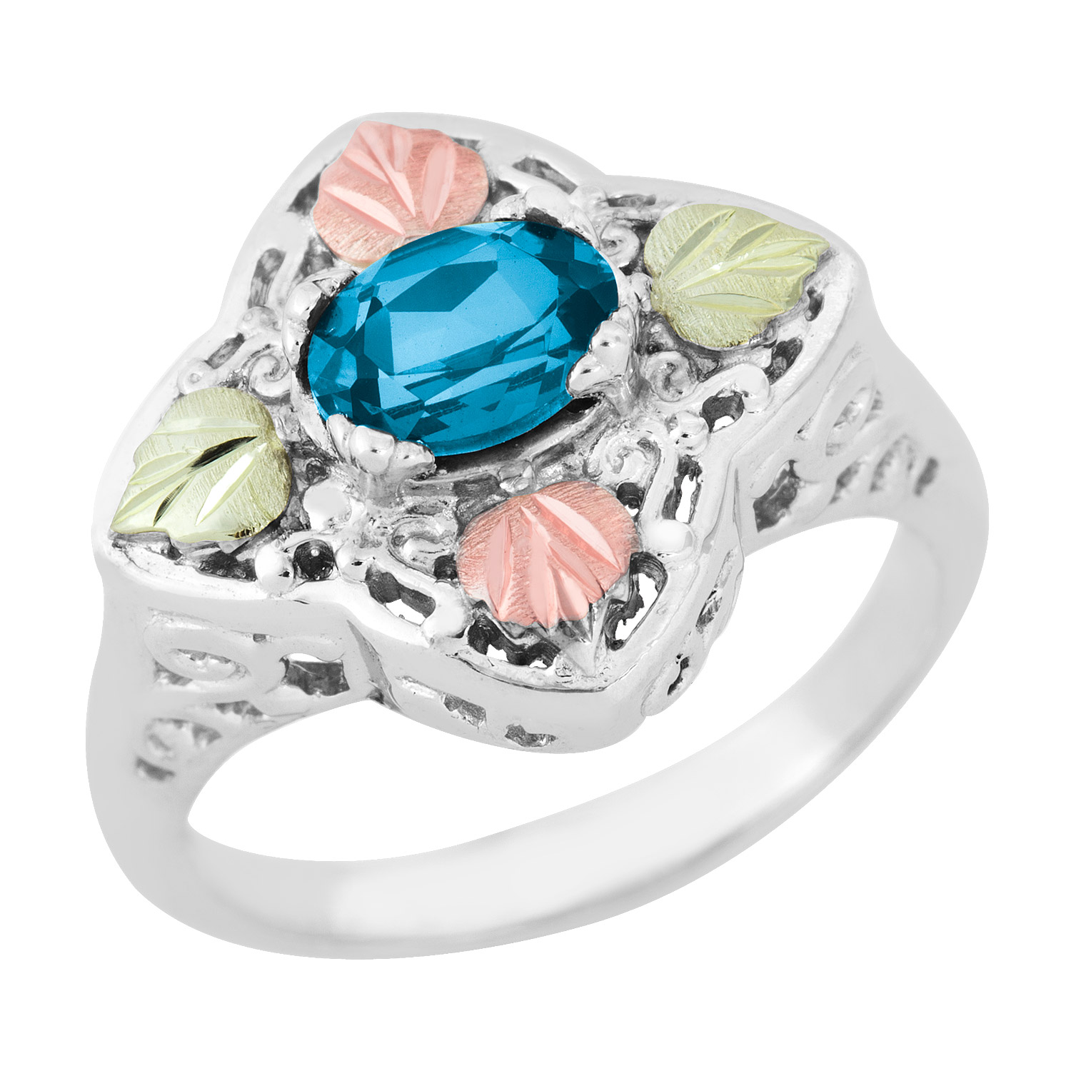 Created Birthstone Ring, Rhodium Plated Sterling Silver, 12k Green and Rose Gold Black Hills Silver Motif.  