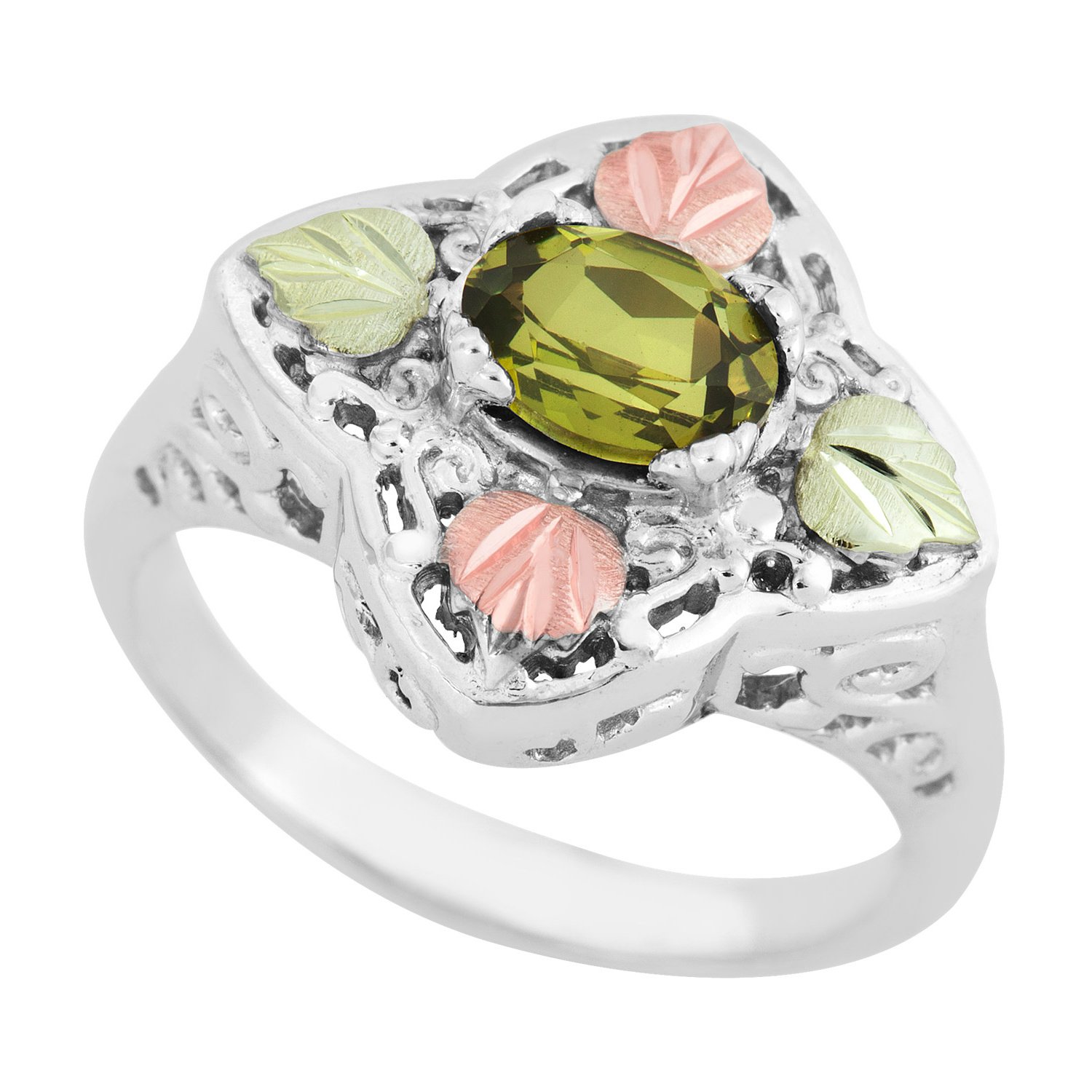 Created Birthstone Ring, Rhodium Plated Sterling Silver, 12k Green and Rose Gold Black Hills Silver Motif.  