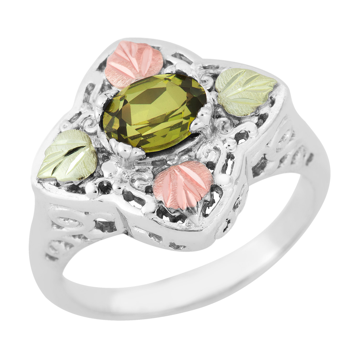 Created Birthstone Ring, Rhodium Plated Sterling Silver, 12k Green and Rose Gold Black Hills Silver Motif.  