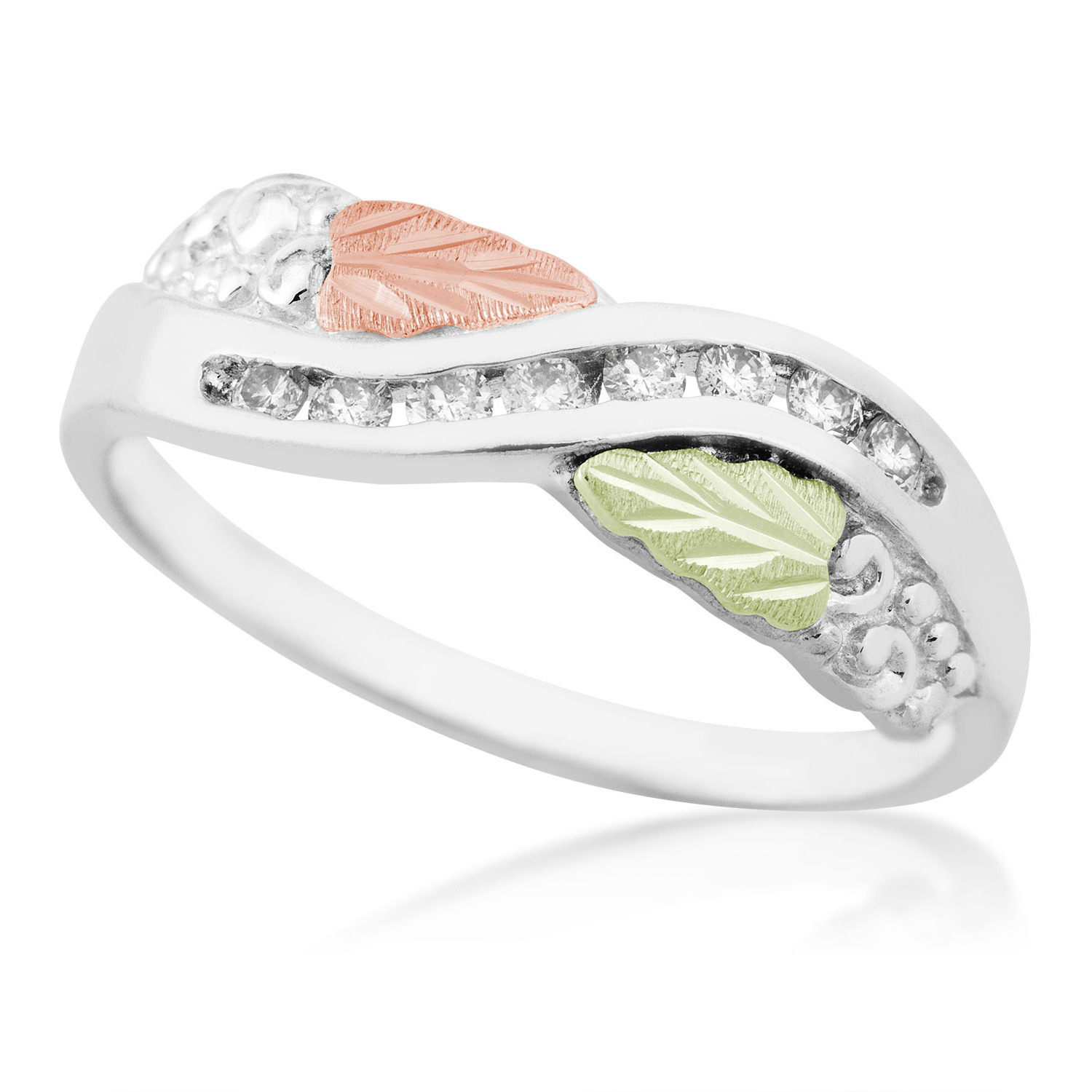 Created Birthstone Ring, Rhodium Plated Sterling Silver, 12k Green and Rose Gold Black Hills Silver Motif. 