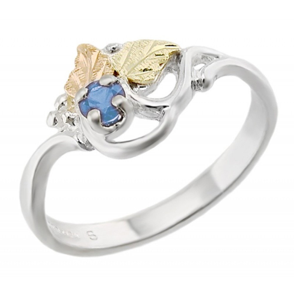 Created Birthstone Ring, Rhodium Plated Sterling Silver, 12k Green and Rose Gold Black Hills Silver Motif. 