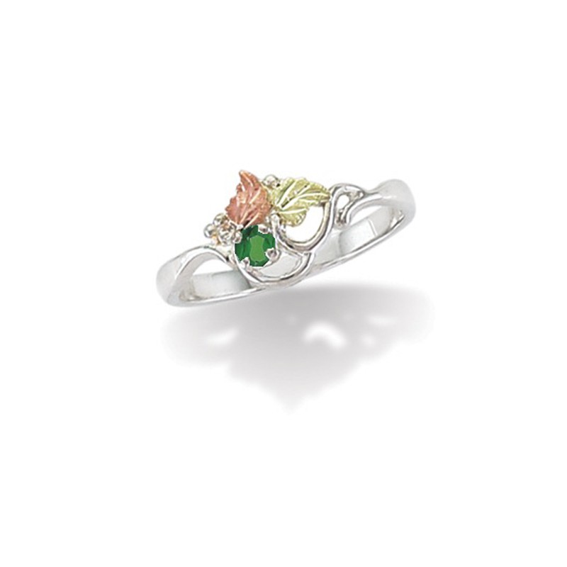 Created Birthstone Ring, Rhodium Plated Sterling Silver, 12k Green and Rose Gold Black Hills Silver Motif. 