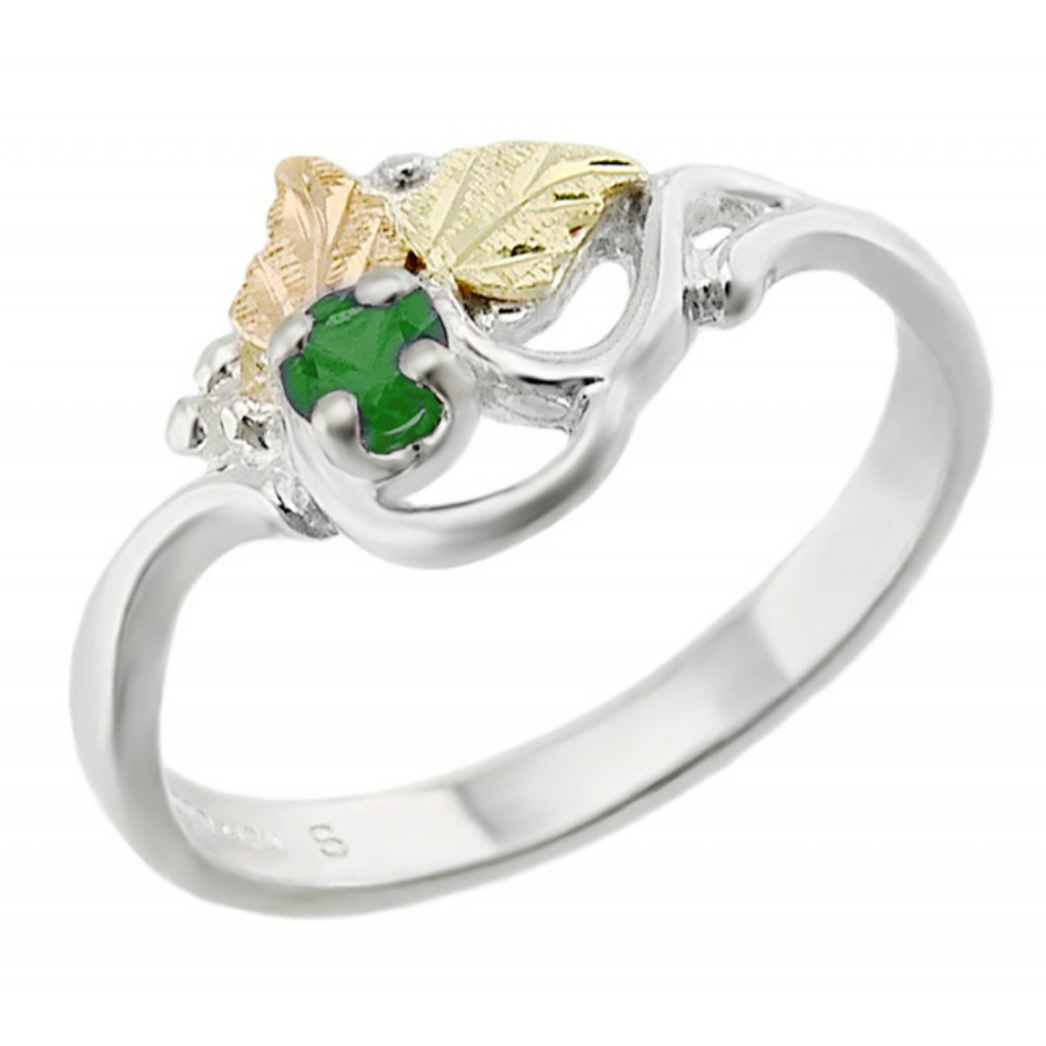 Created Birthstone Ring, Rhodium Plated Sterling Silver, 12k Green and Rose Gold Black Hills Silver Motif. 