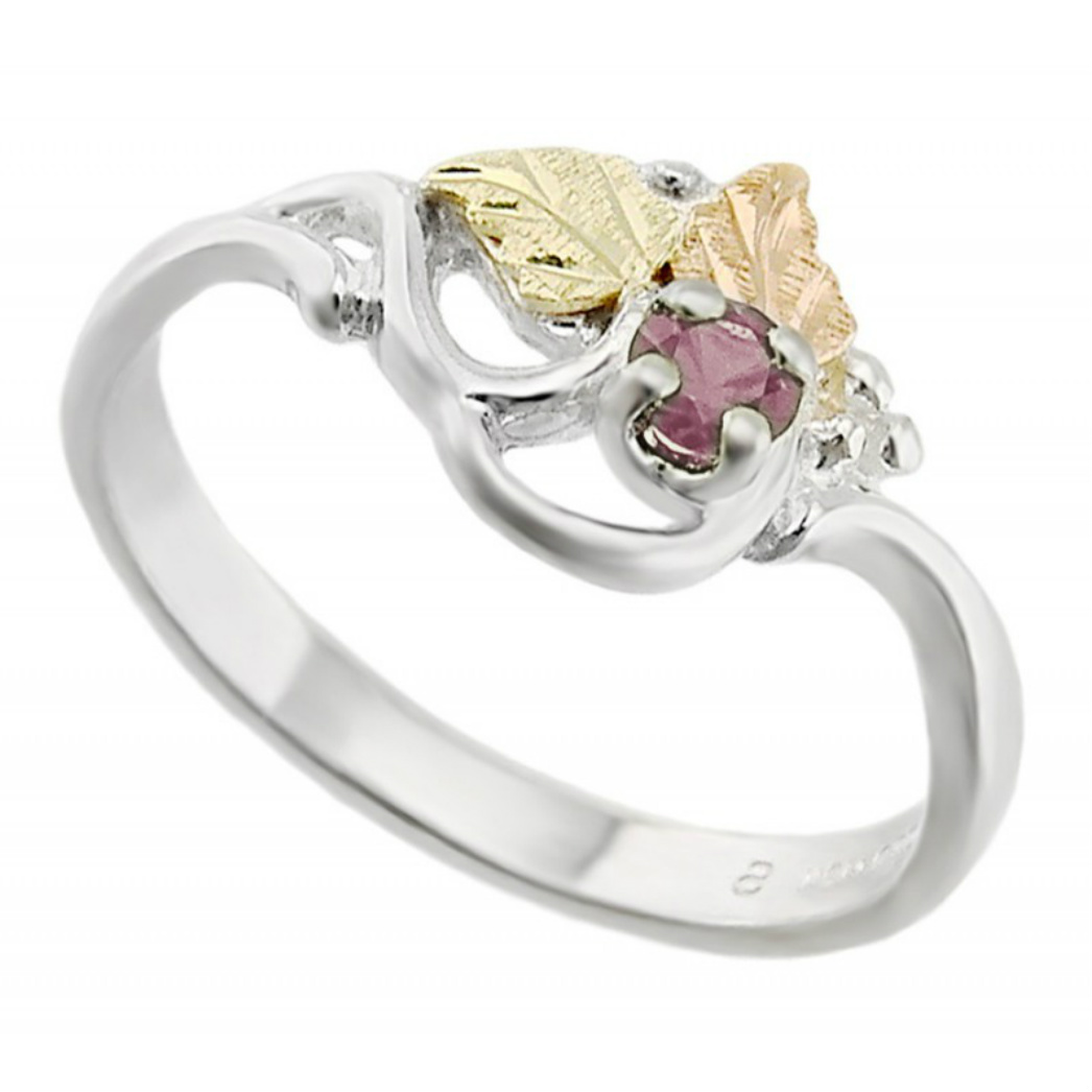 Created Birthstone Ring, Rhodium Plated Sterling Silver, 12k Green and Rose Gold Black Hills Silver Motif. 
