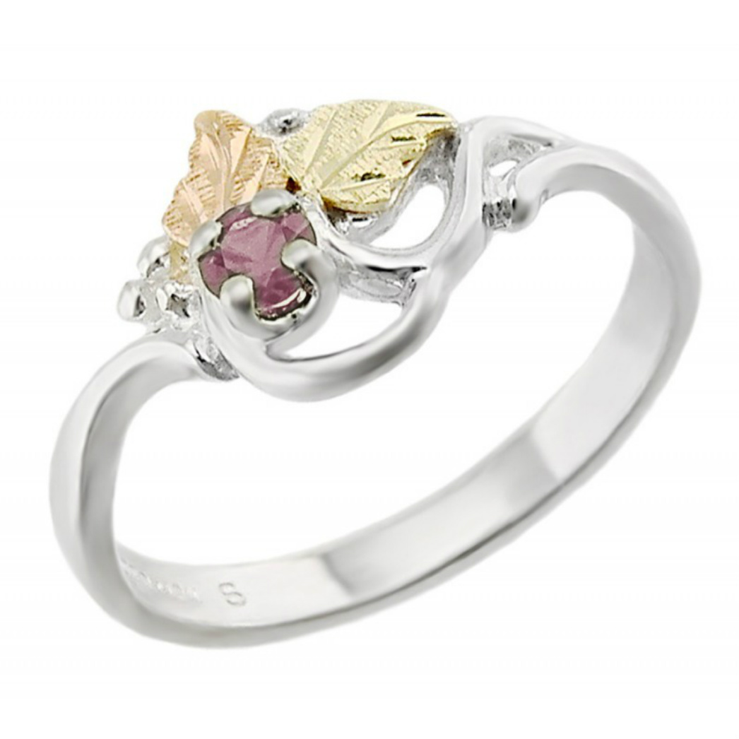 Created Birthstone Ring, Rhodium Plated Sterling Silver, 12k Green and Rose Gold Black Hills Silver Motif. 