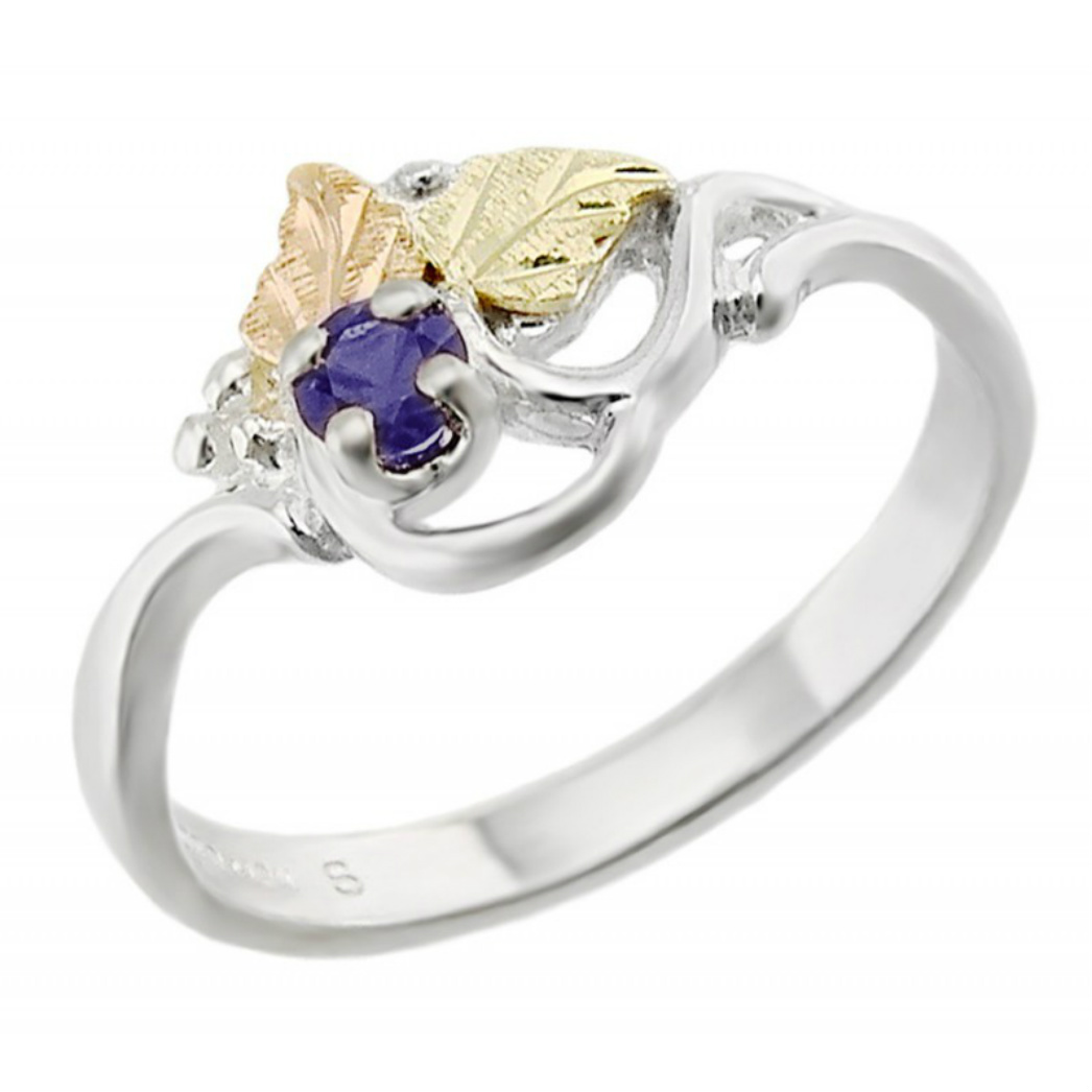 Created Birthstone Ring, Rhodium Plated Sterling Silver, 12k Green and Rose Gold Black Hills Silver Motif. 