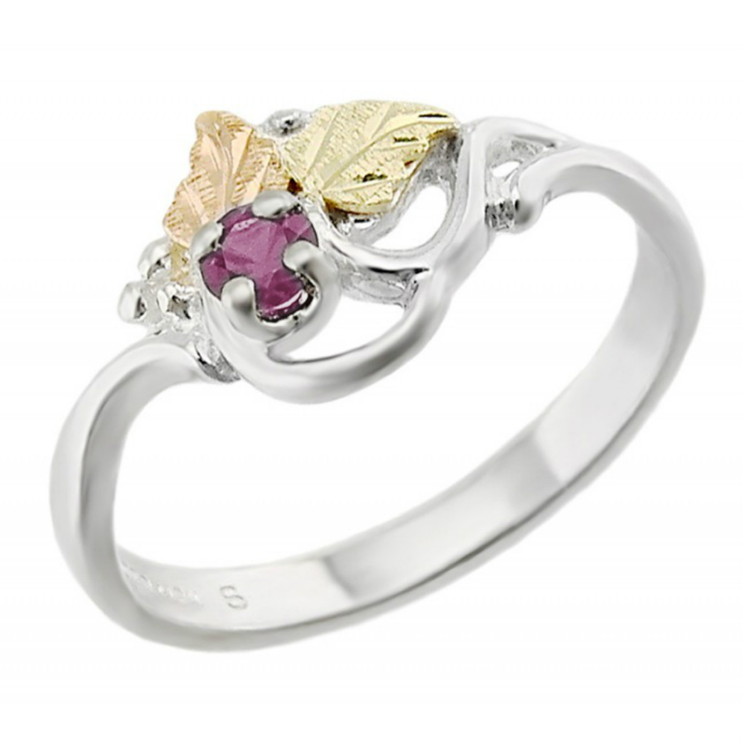 Created Birthstone Ring, Rhodium Plated Sterling Silver, 12k Green and Rose Gold Black Hills Silver Motif. 