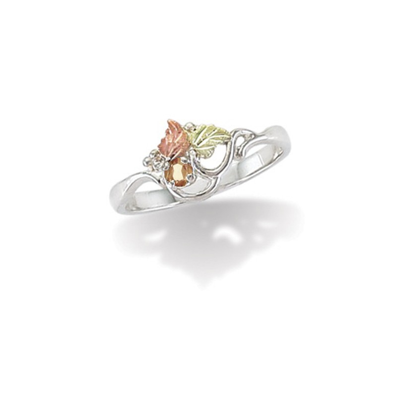 Created Birthstone Ring, Rhodium Plated Sterling Silver, 12k Green and Rose Gold Black Hills Silver Motif. 