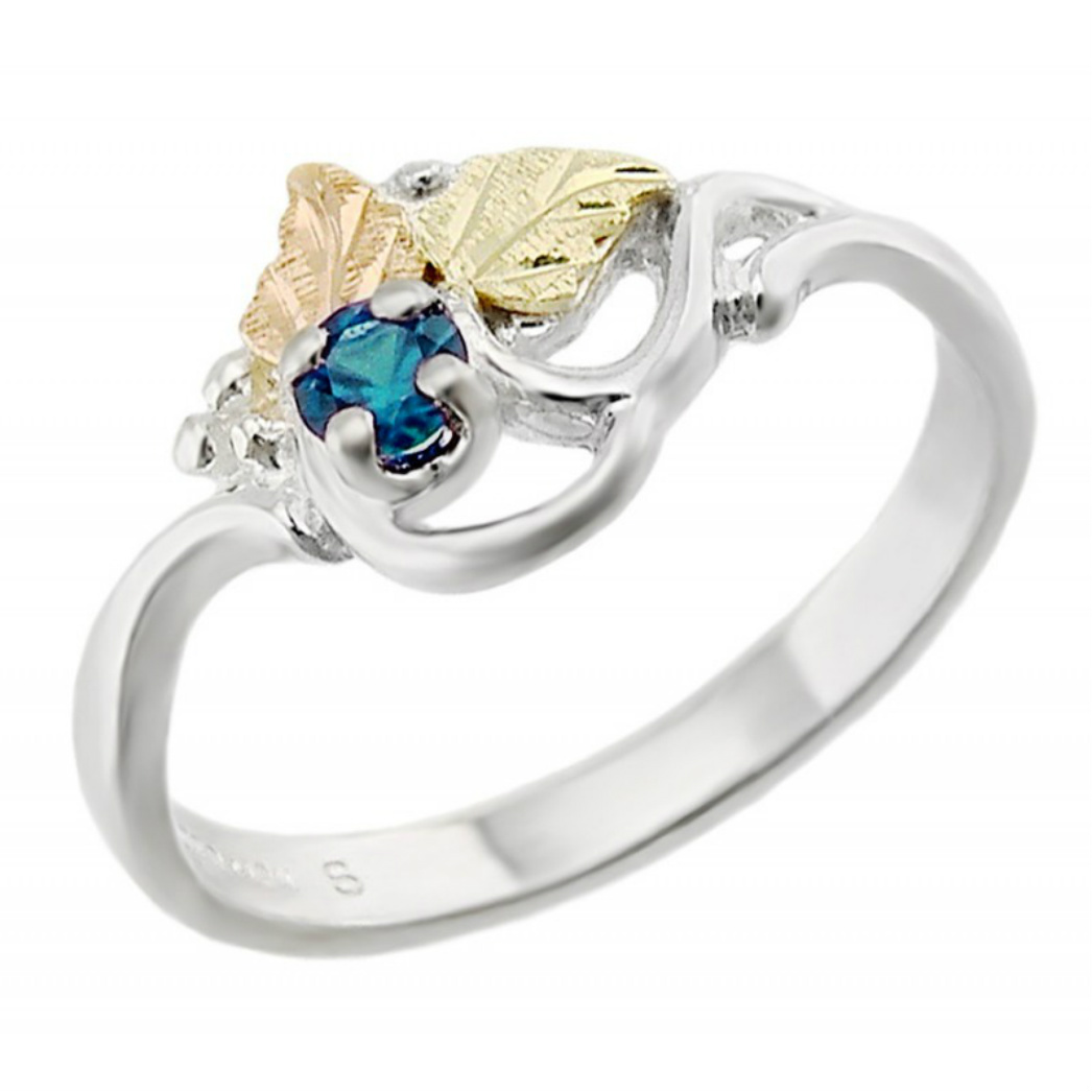 Created Birthstone Ring, Rhodium Plated Sterling Silver, 12k Green and Rose Gold Black Hills Silver Motif. 